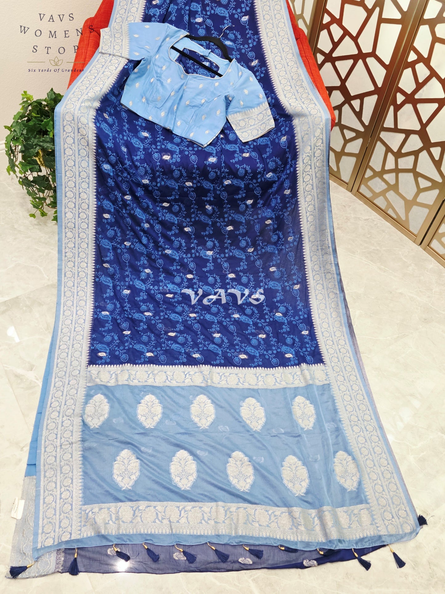 Midnight Sapphire & Powder Blue Chiffon Chikankari Saree with Stitched Blouse Size 34-40