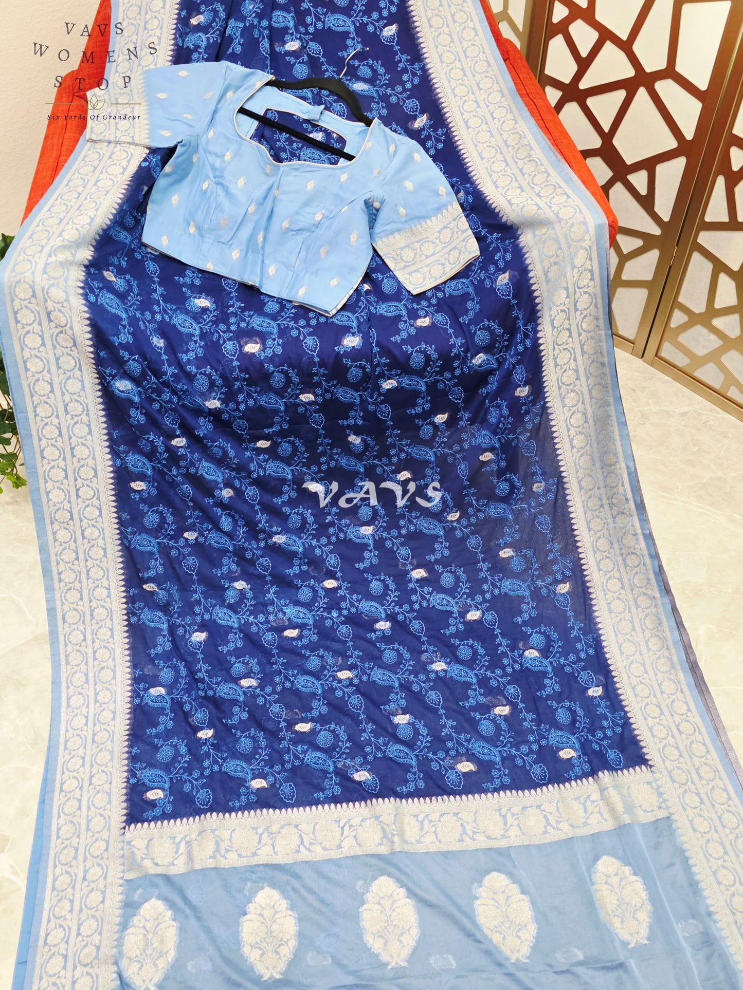 Midnight Sapphire & Powder Blue Chiffon Chikankari Saree with Stitched Blouse Size 34-40