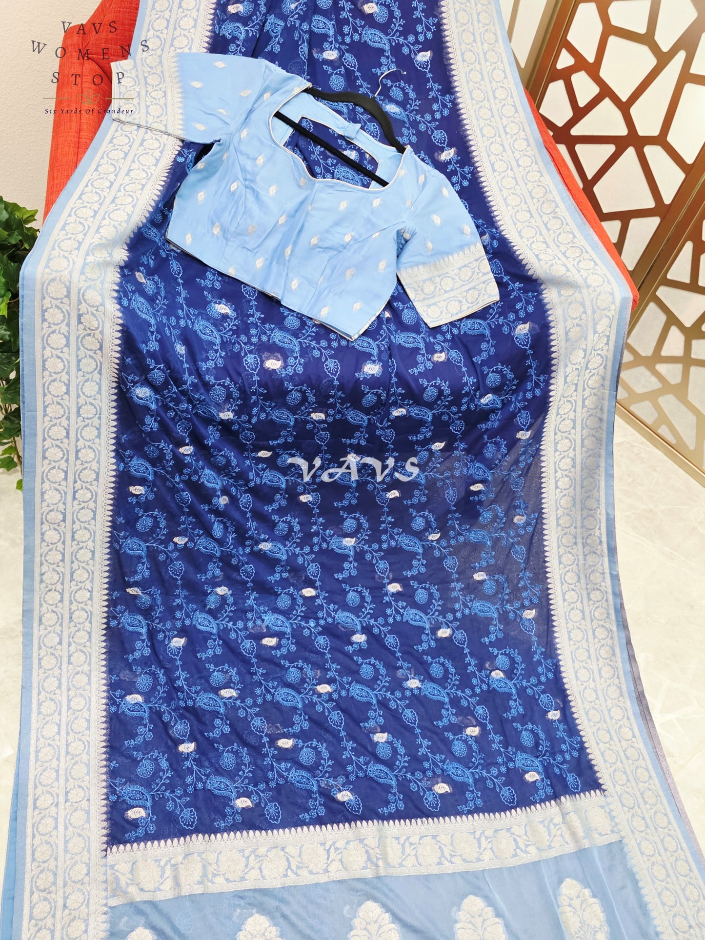 Midnight Sapphire & Powder Blue Chiffon Chikankari Saree with Stitched Blouse Size 34-40