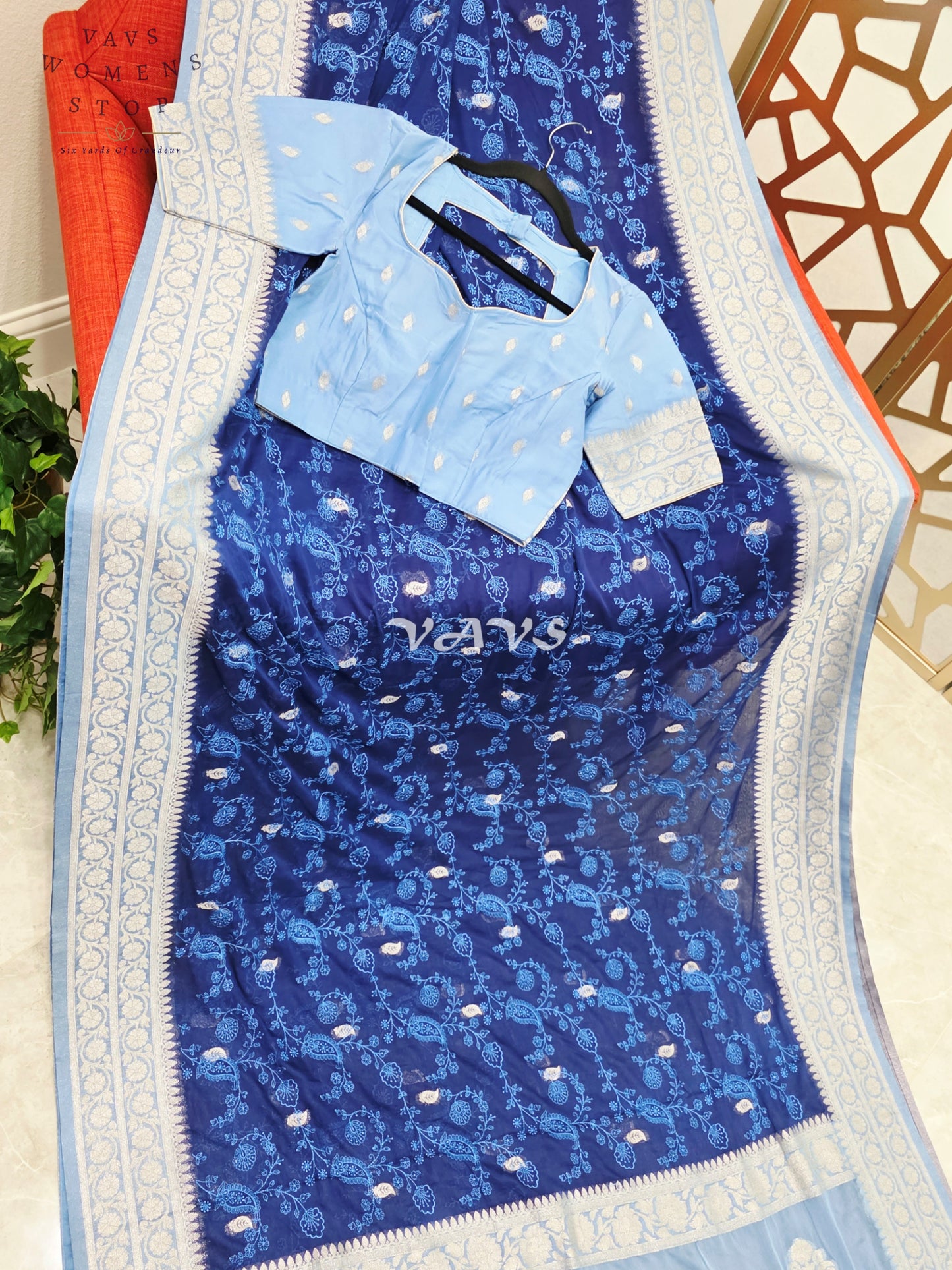 Midnight Sapphire & Powder Blue Chiffon Chikankari Saree with Stitched Blouse Size 34-40