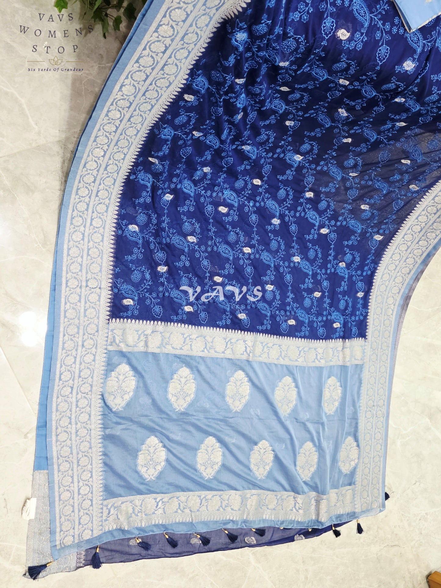 Midnight Sapphire & Powder Blue Chiffon Chikankari Saree with Stitched Blouse Size 34-40