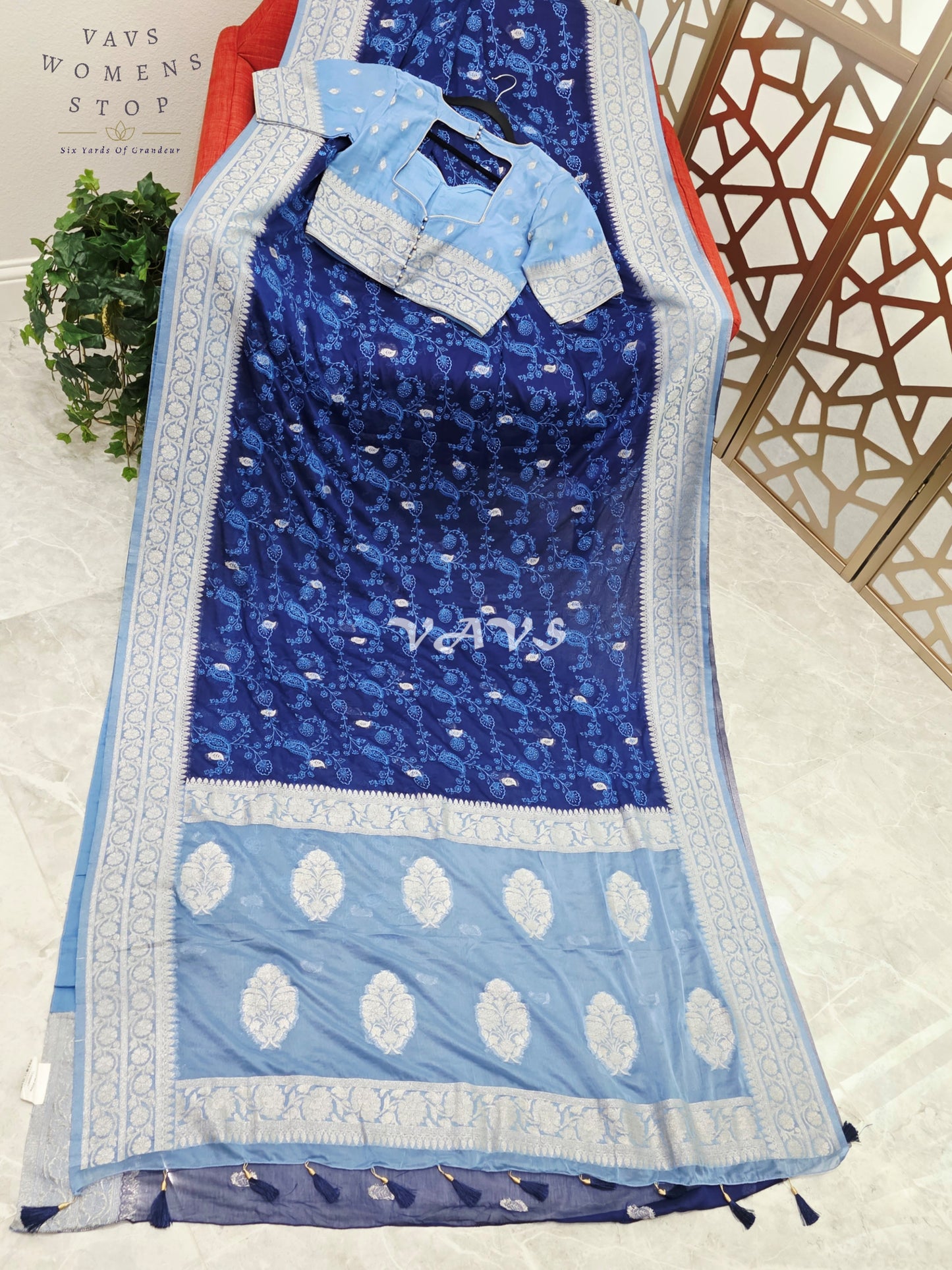 Midnight Sapphire & Powder Blue Chiffon Chikankari Saree with Stitched Blouse Size 34-40
