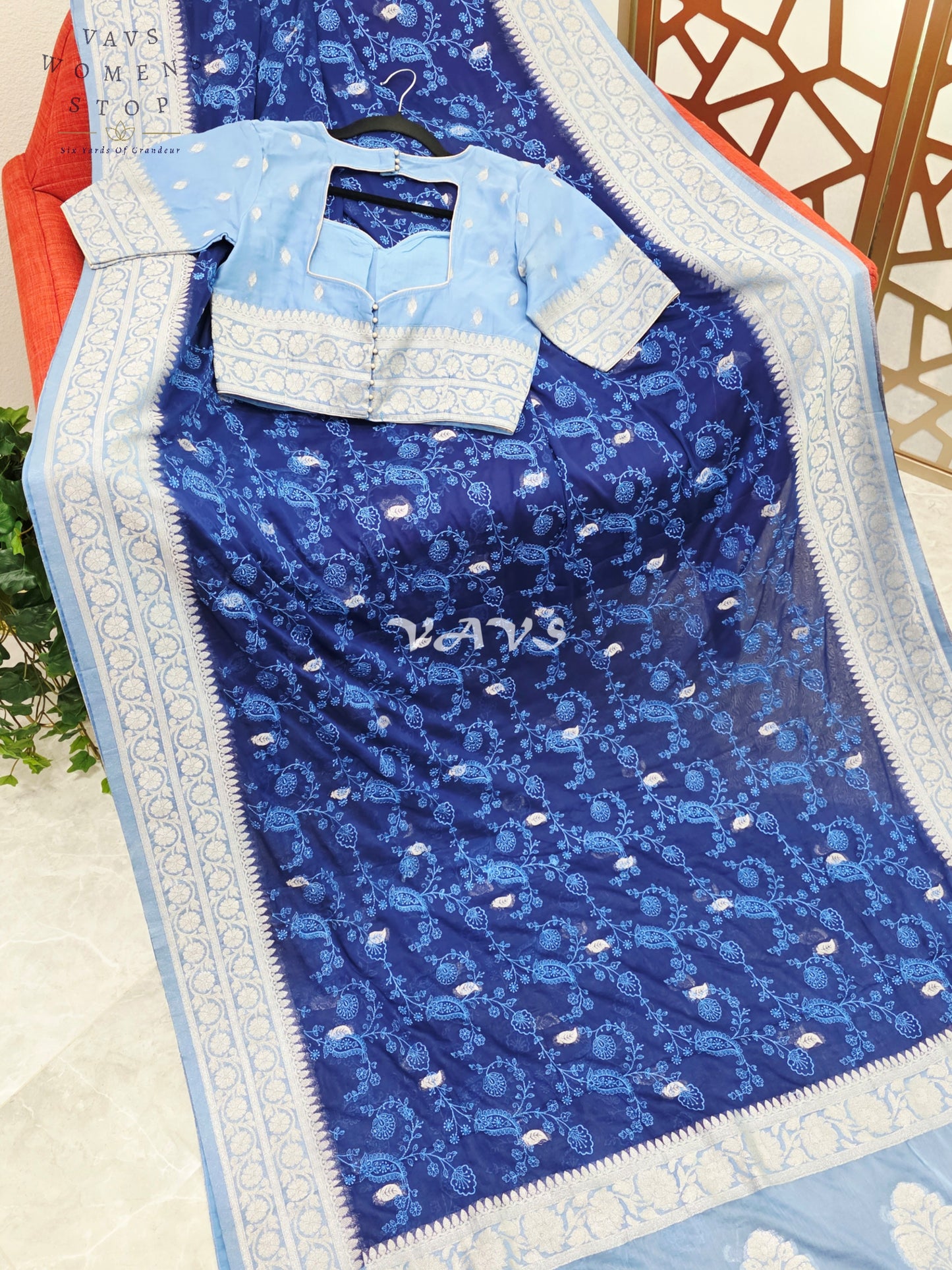 Midnight Sapphire & Powder Blue Chiffon Chikankari Saree with Stitched Blouse Size 34-40