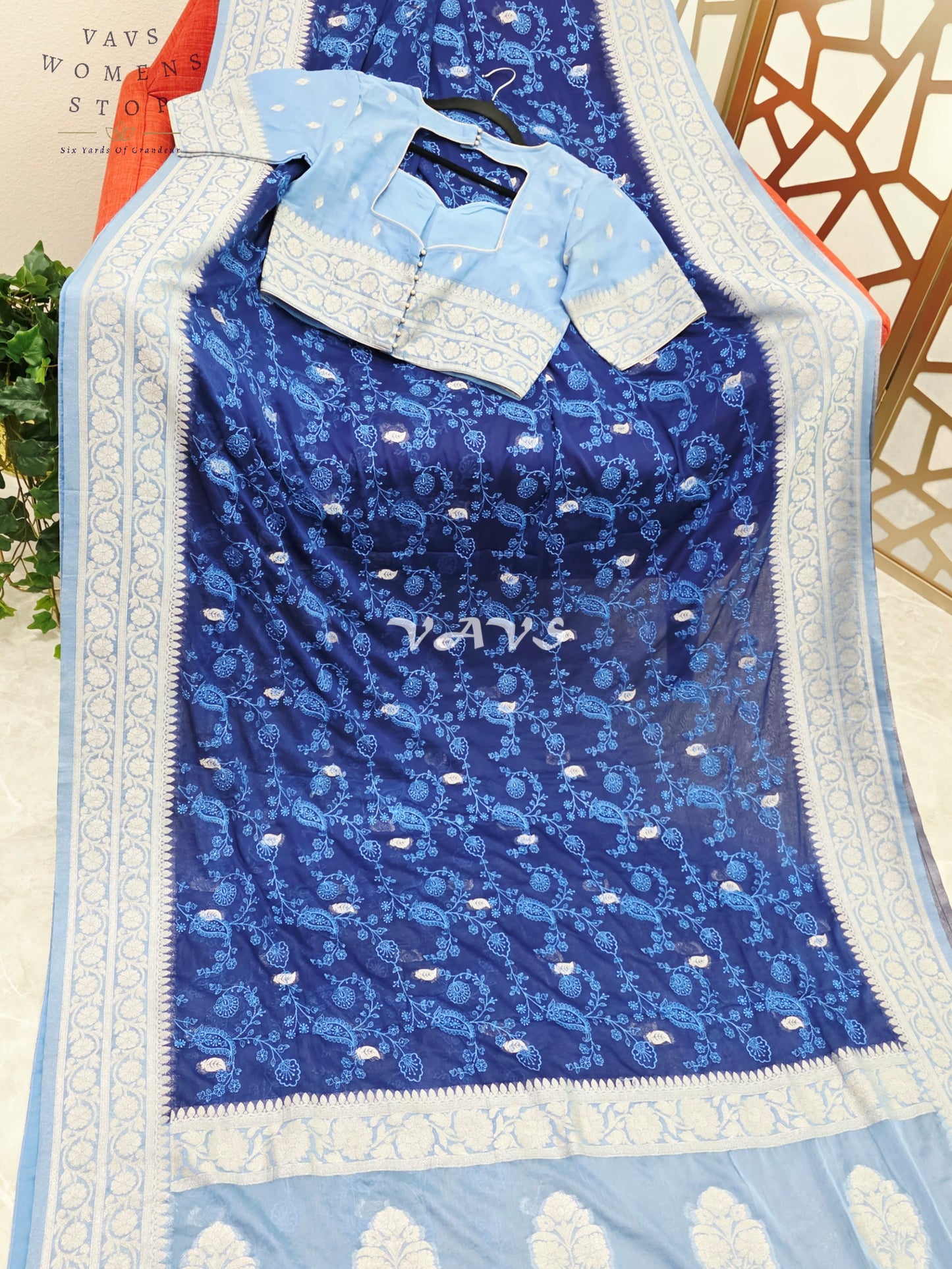 Midnight Sapphire & Powder Blue Chiffon Chikankari Saree with Stitched Blouse Size 34-40