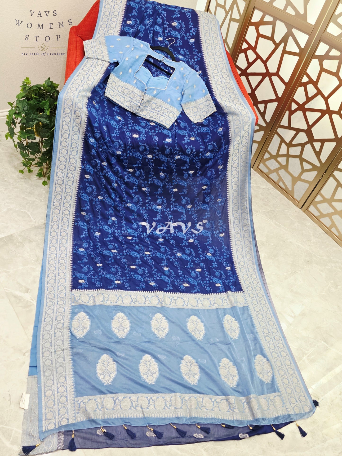 Midnight Sapphire & Powder Blue Chiffon Chikankari Saree with Stitched Blouse Size 34-40