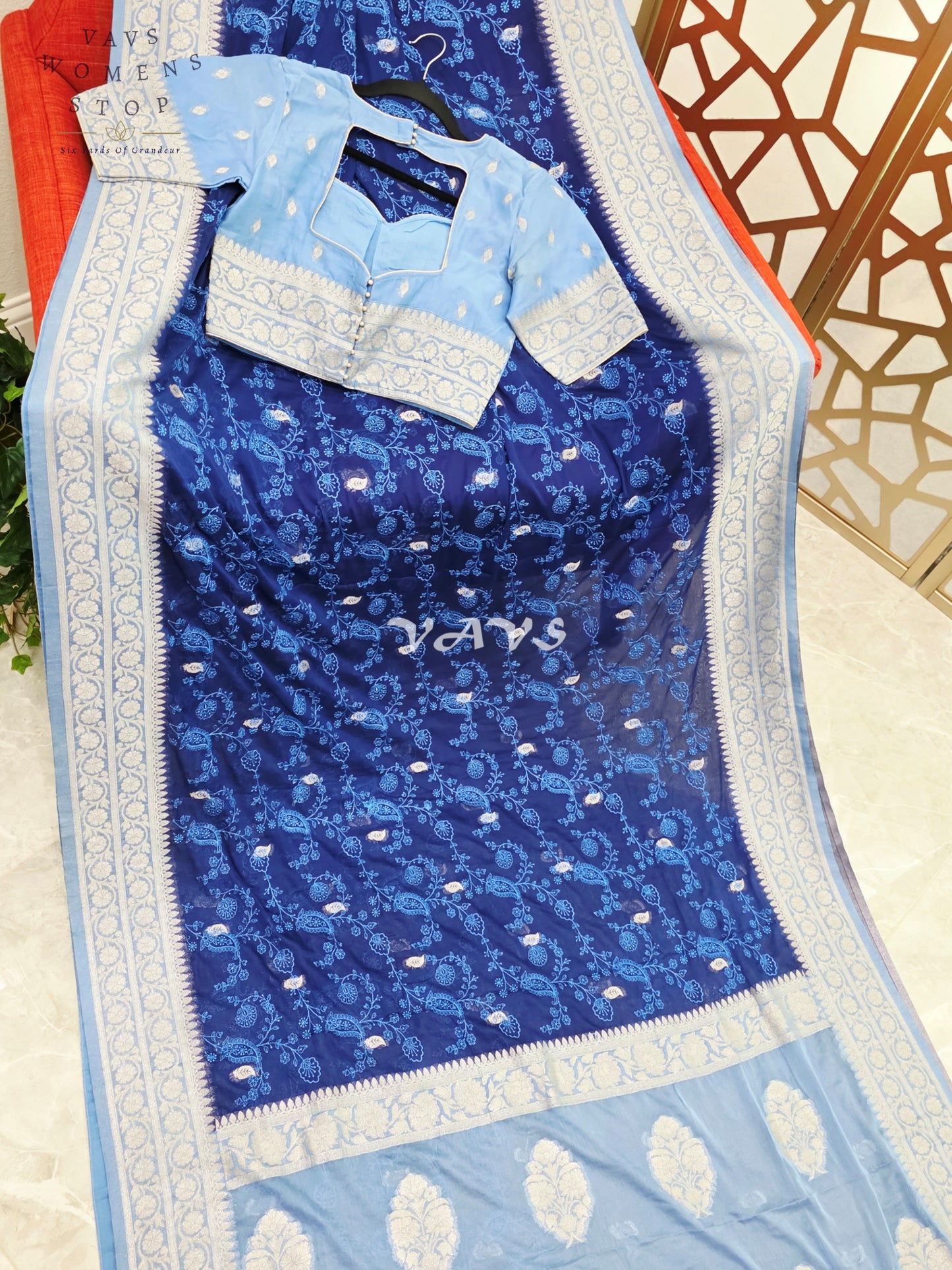Midnight Sapphire & Powder Blue Chiffon Chikankari Saree with Stitched Blouse Size 34-40
