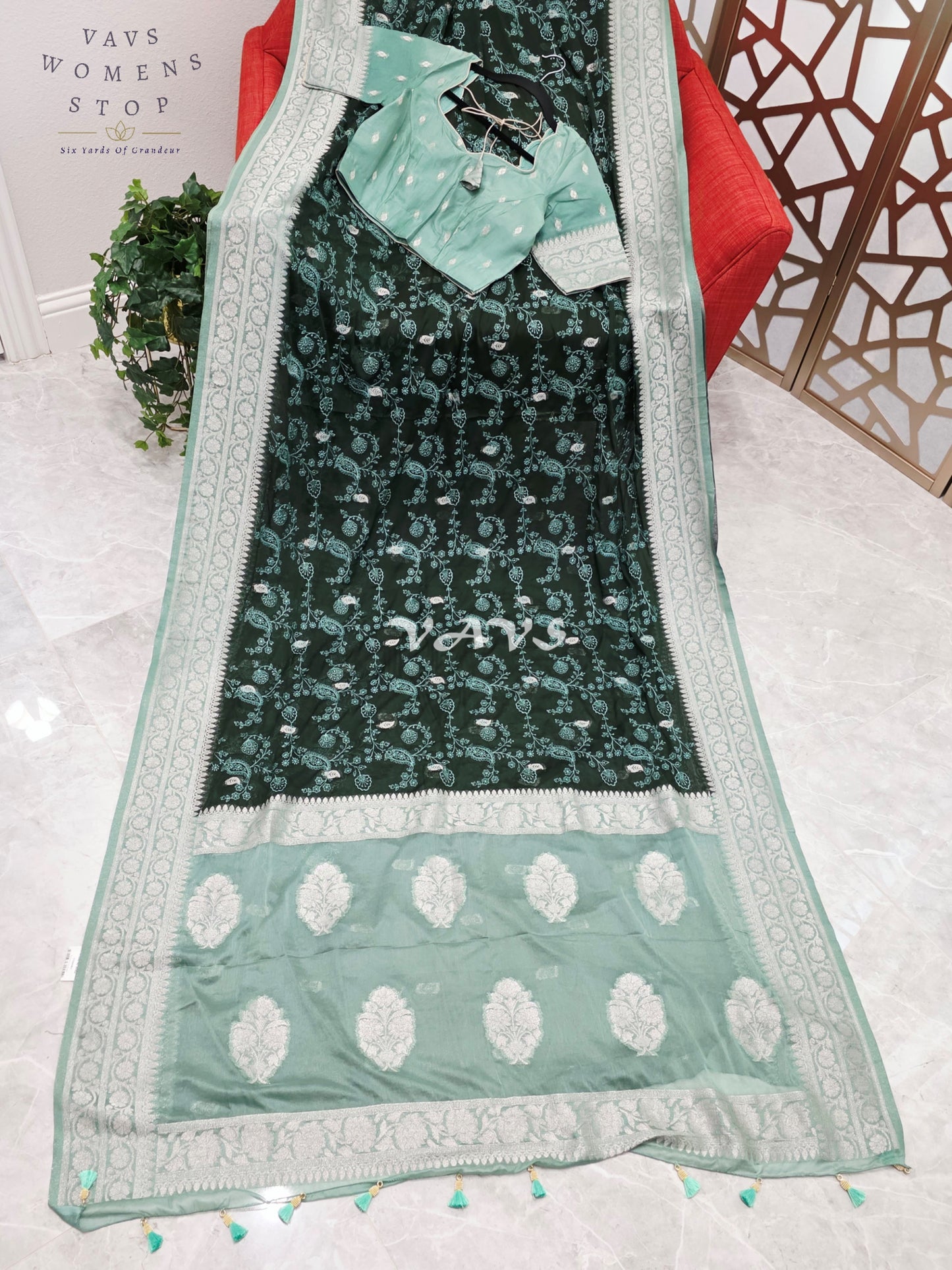 Emerald Forest Green Chiffon Chikankari Saree with Mint Pallu & Stitched Blouse Size 34-40