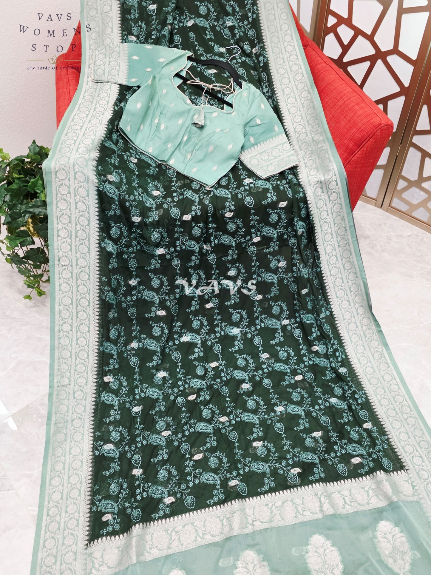Emerald Forest Green Chiffon Chikankari Saree with Mint Pallu & Stitched Blouse Size 34-40