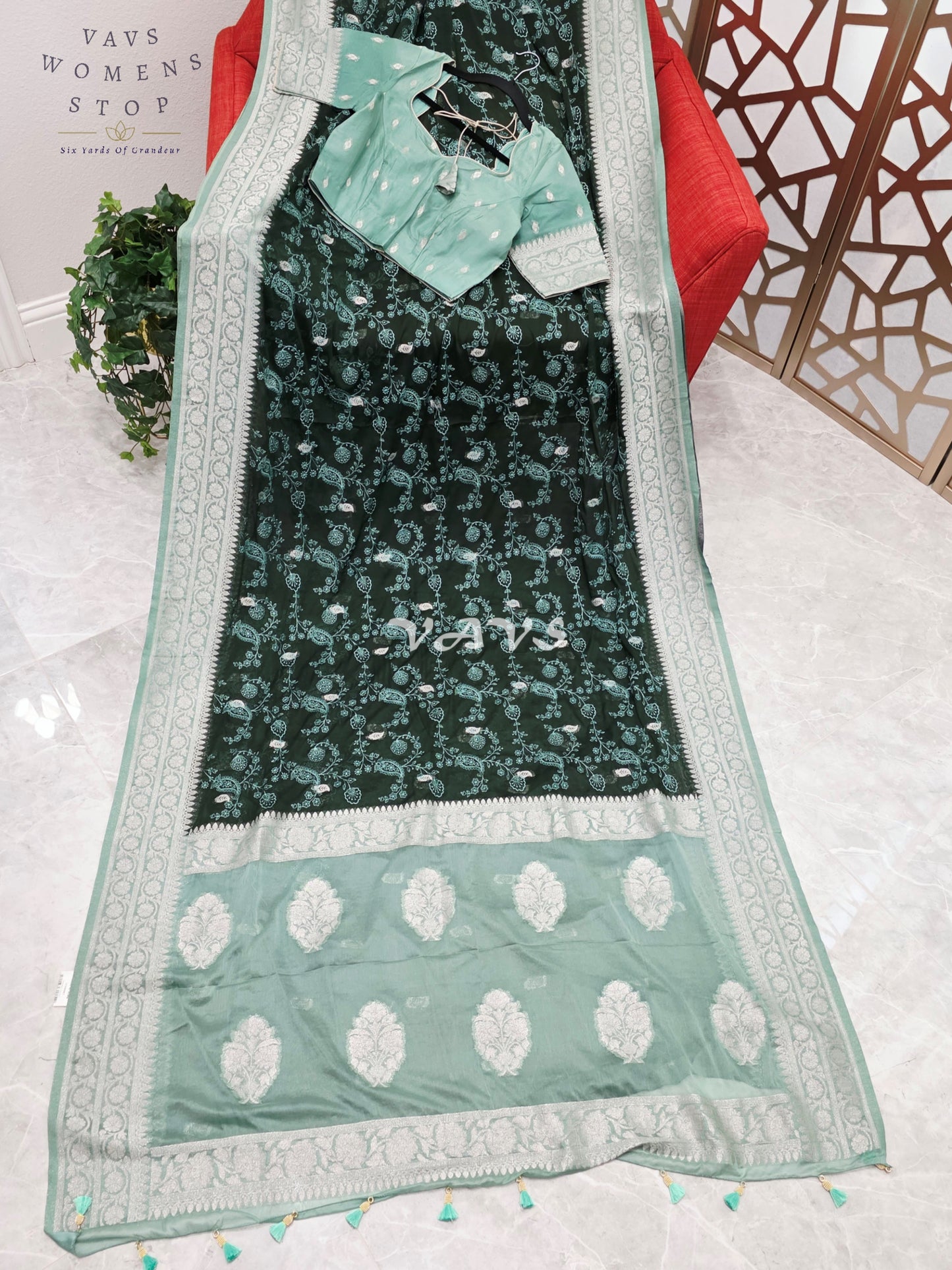 Emerald Forest Green Chiffon Chikankari Saree with Mint Pallu & Stitched Blouse Size 34-40