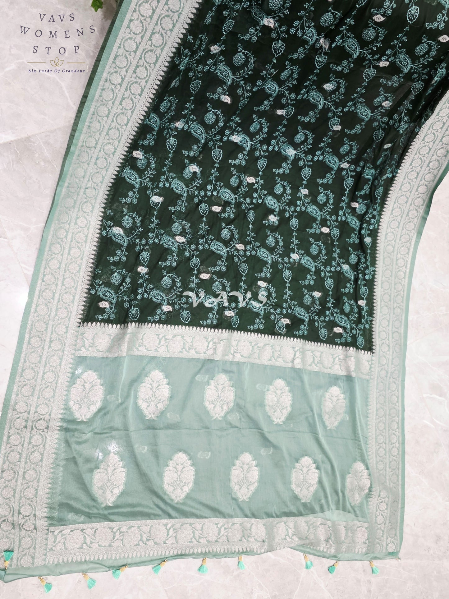 Emerald Forest Green Chiffon Chikankari Saree with Mint Pallu & Stitched Blouse Size 34-40