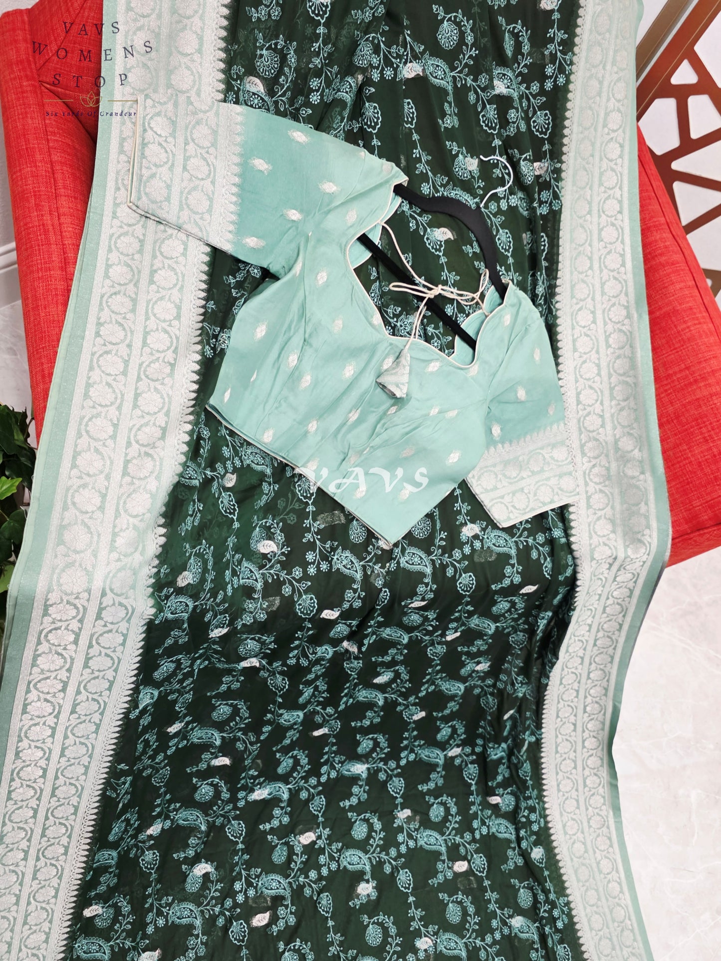 Emerald Forest Green Chiffon Chikankari Saree with Mint Pallu & Stitched Blouse Size 34-40