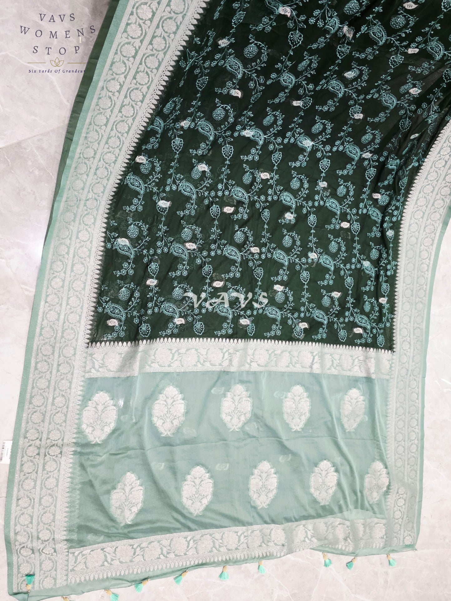 Emerald Forest Green Chiffon Chikankari Saree with Mint Pallu & Stitched Blouse Size 34-40