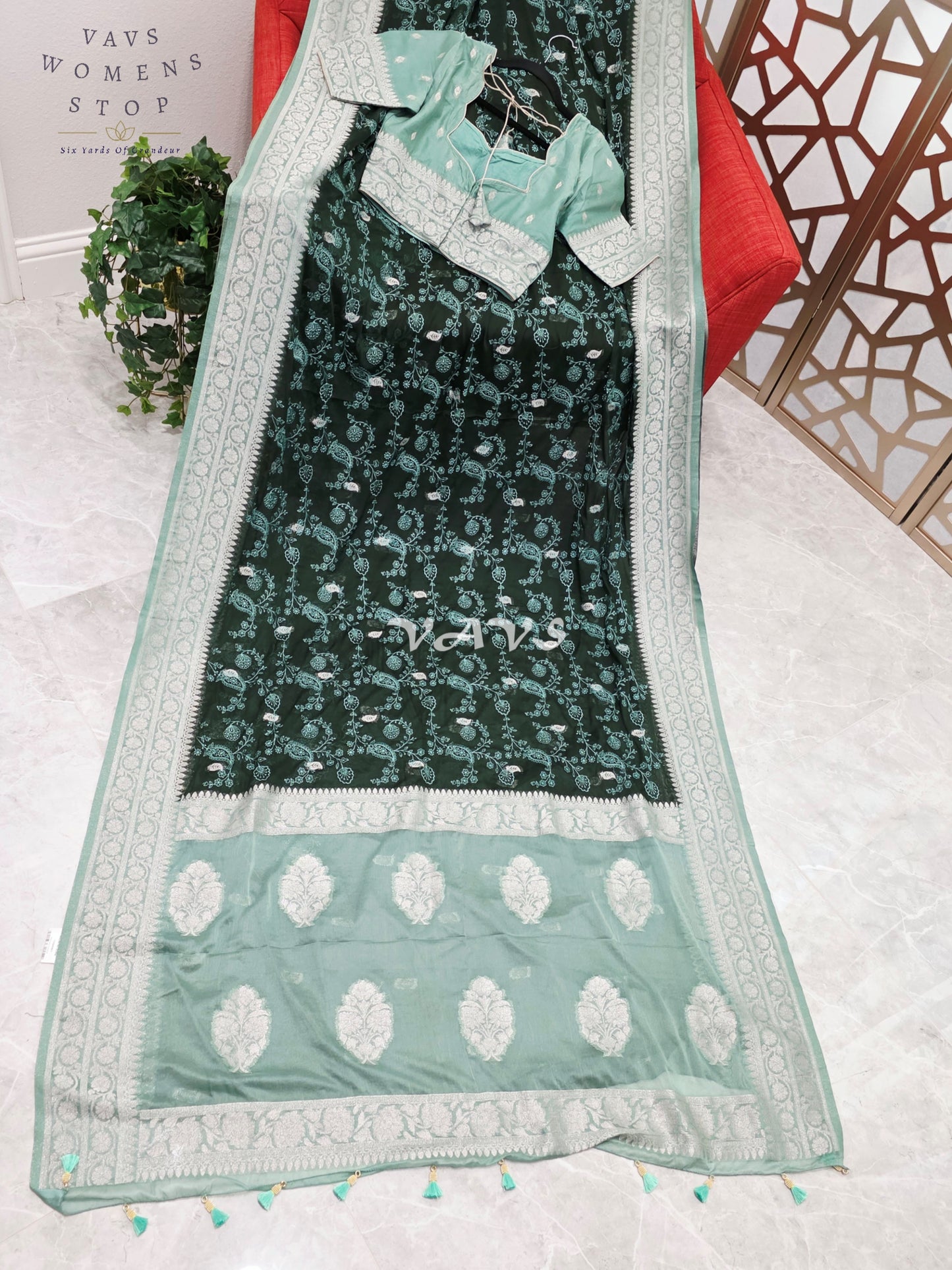 Emerald Forest Green Chiffon Chikankari Saree with Mint Pallu & Stitched Blouse Size 34-40