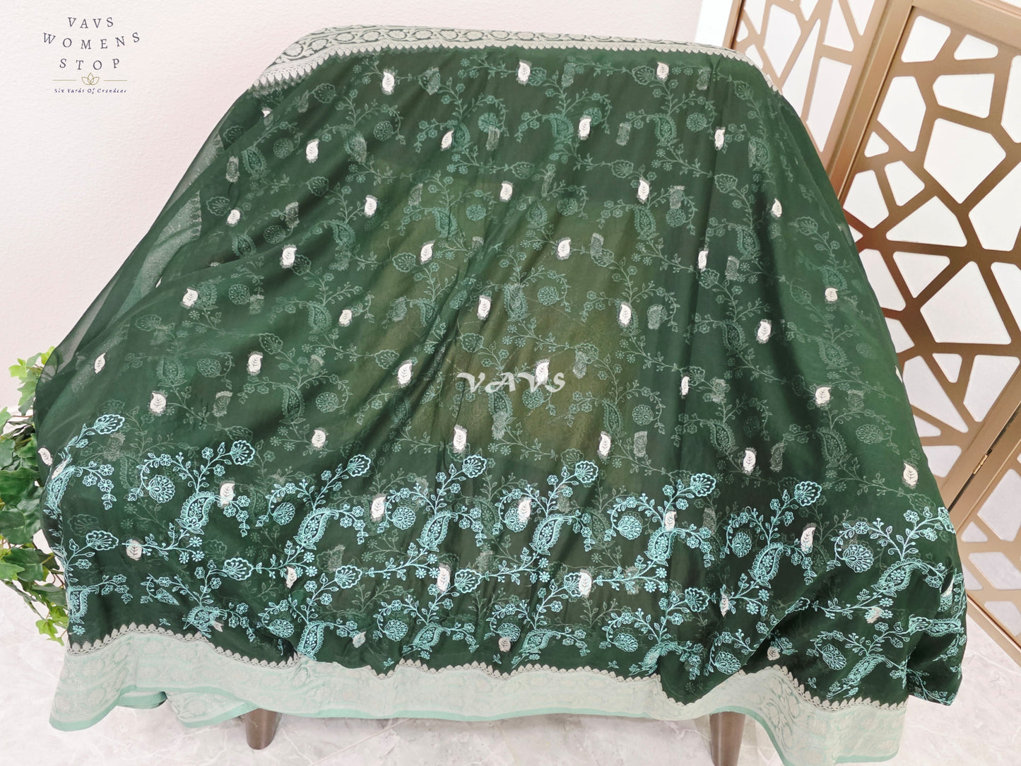 Emerald Forest Green Chiffon Chikankari Saree with Mint Pallu & Stitched Blouse Size 34-40