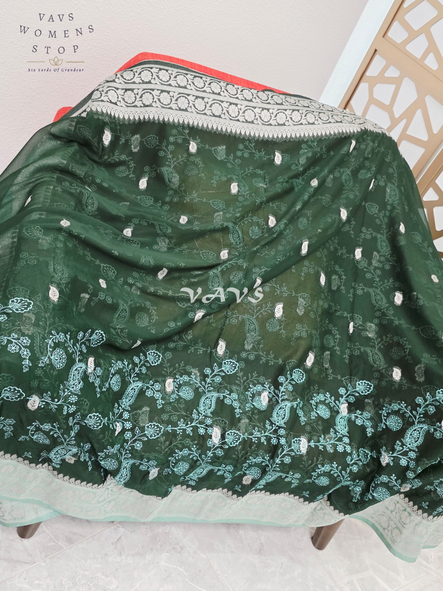 Emerald Forest Green Chiffon Chikankari Saree with Mint Pallu & Stitched Blouse Size 34-40