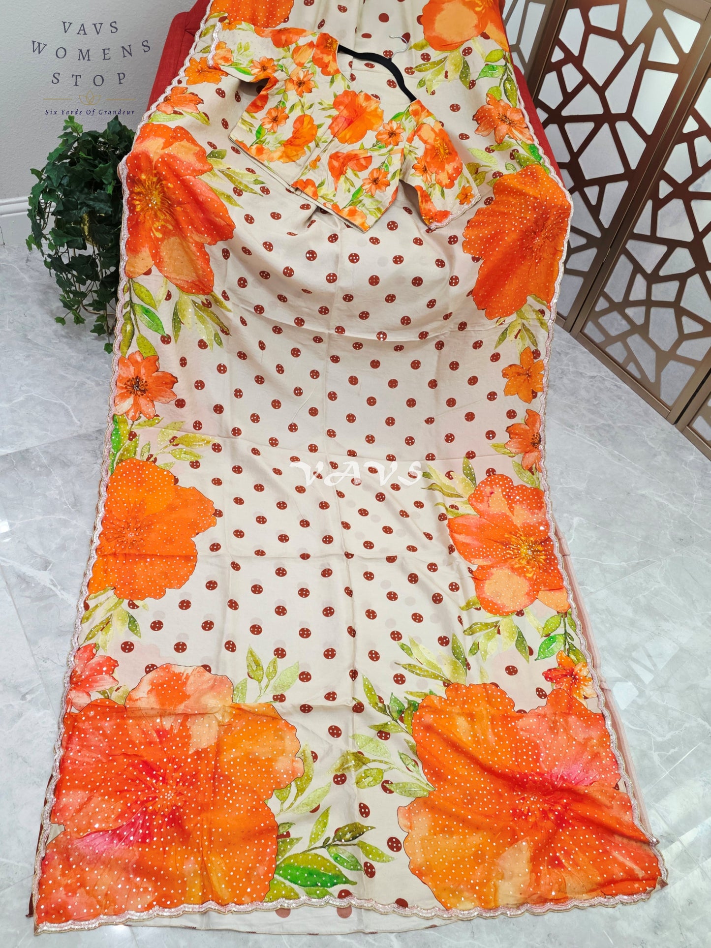 Ivory Pearl Russian Crepe Silk Saree with Sunset Orange Florals, Polka Dots, Sequin Scallop Border & Blouse Size 34-40