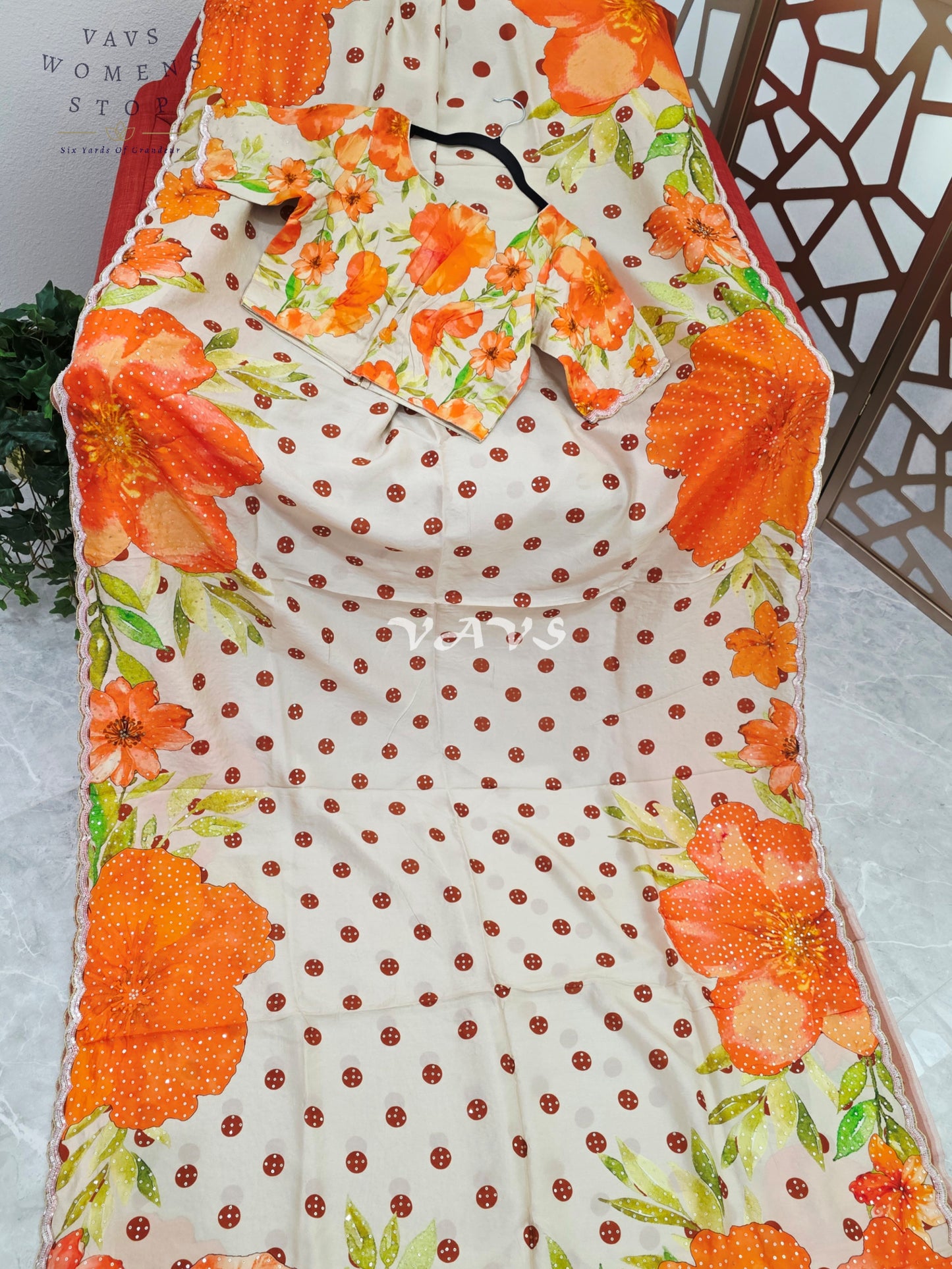 Ivory Pearl Russian Crepe Silk Saree with Sunset Orange Florals, Polka Dots, Sequin Scallop Border & Blouse Size 34-40