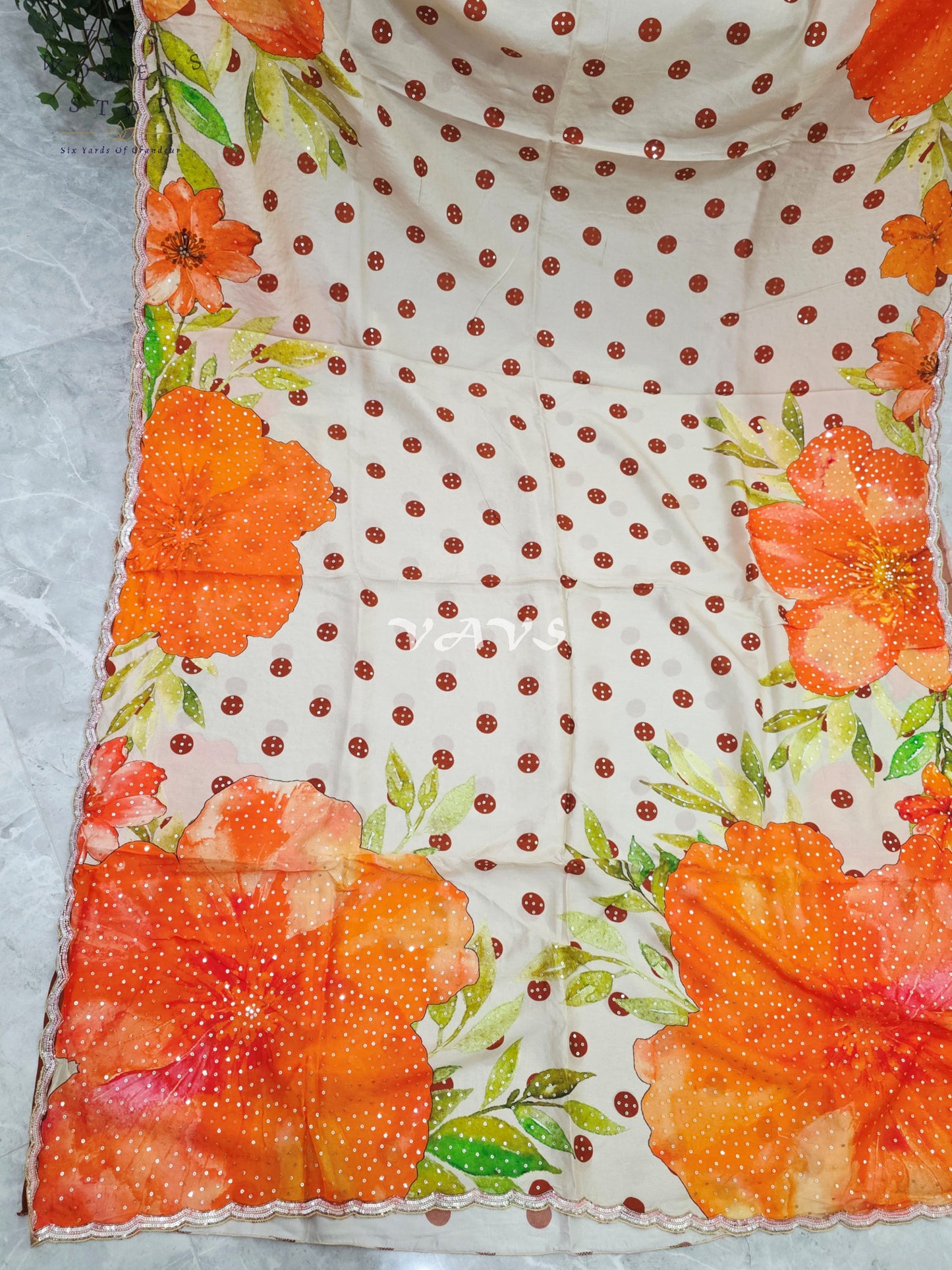 Ivory Pearl Russian Crepe Silk Saree with Sunset Orange Florals, Polka Dots, Sequin Scallop Border & Blouse Size 34-40