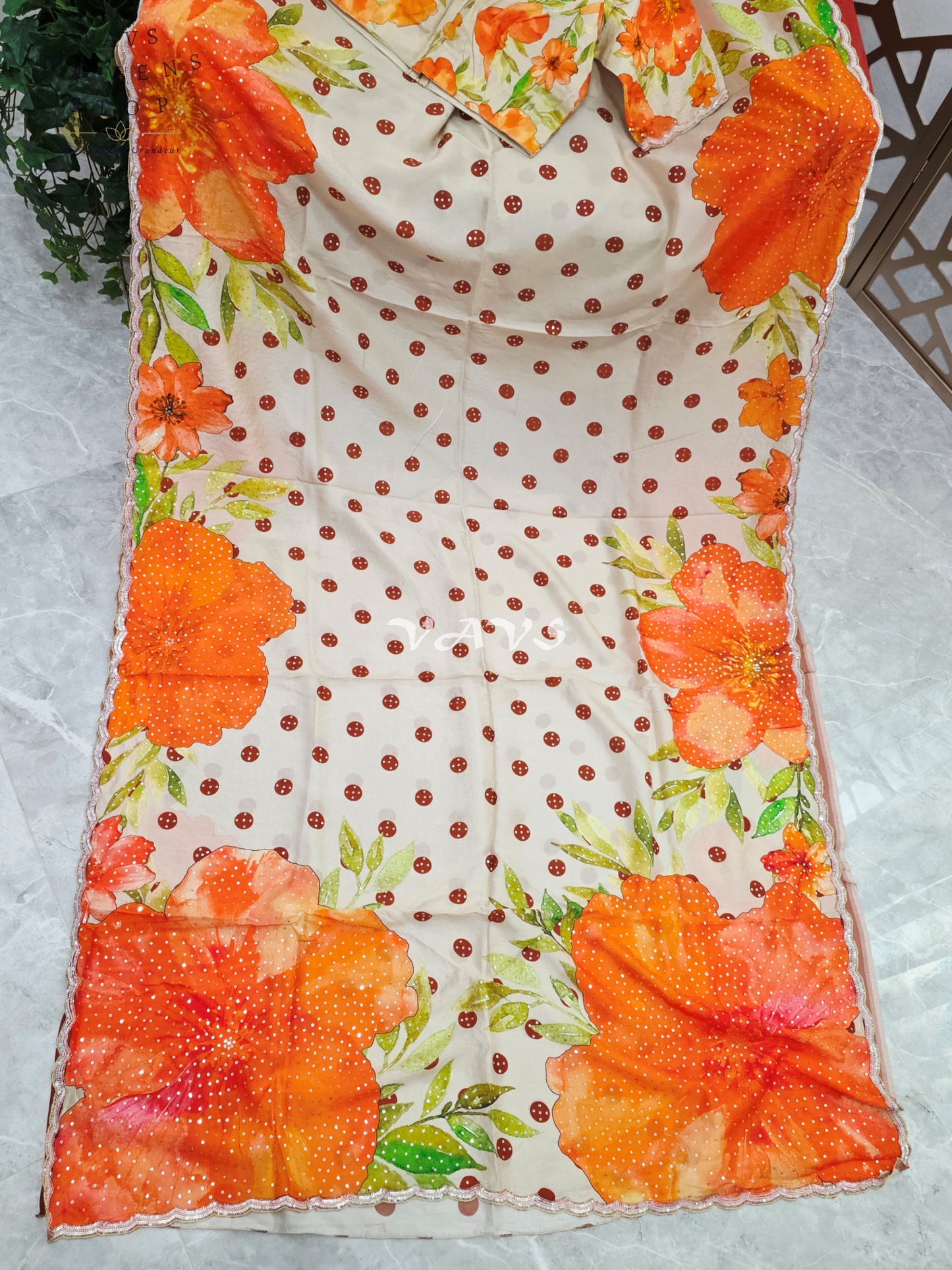 Ivory Pearl Russian Crepe Silk Saree with Sunset Orange Florals, Polka Dots, Sequin Scallop Border & Blouse Size 34-40