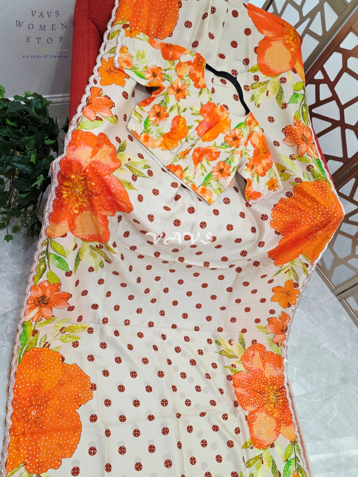 Ivory Pearl Russian Crepe Silk Saree with Sunset Orange Florals, Polka Dots, Sequin Scallop Border & Blouse Size 34-40