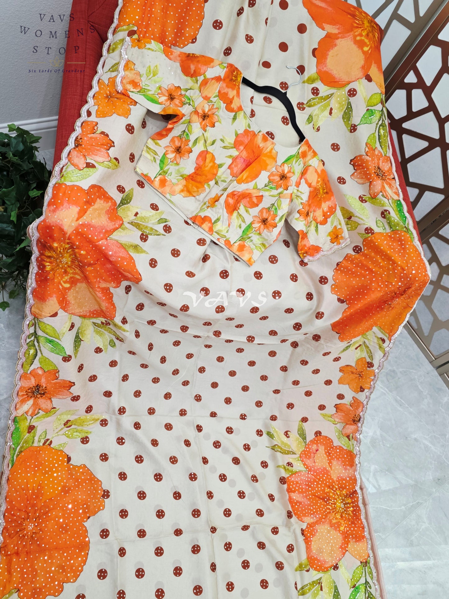 Ivory Pearl Russian Crepe Silk Saree with Sunset Orange Florals, Polka Dots, Sequin Scallop Border & Blouse Size 34-40