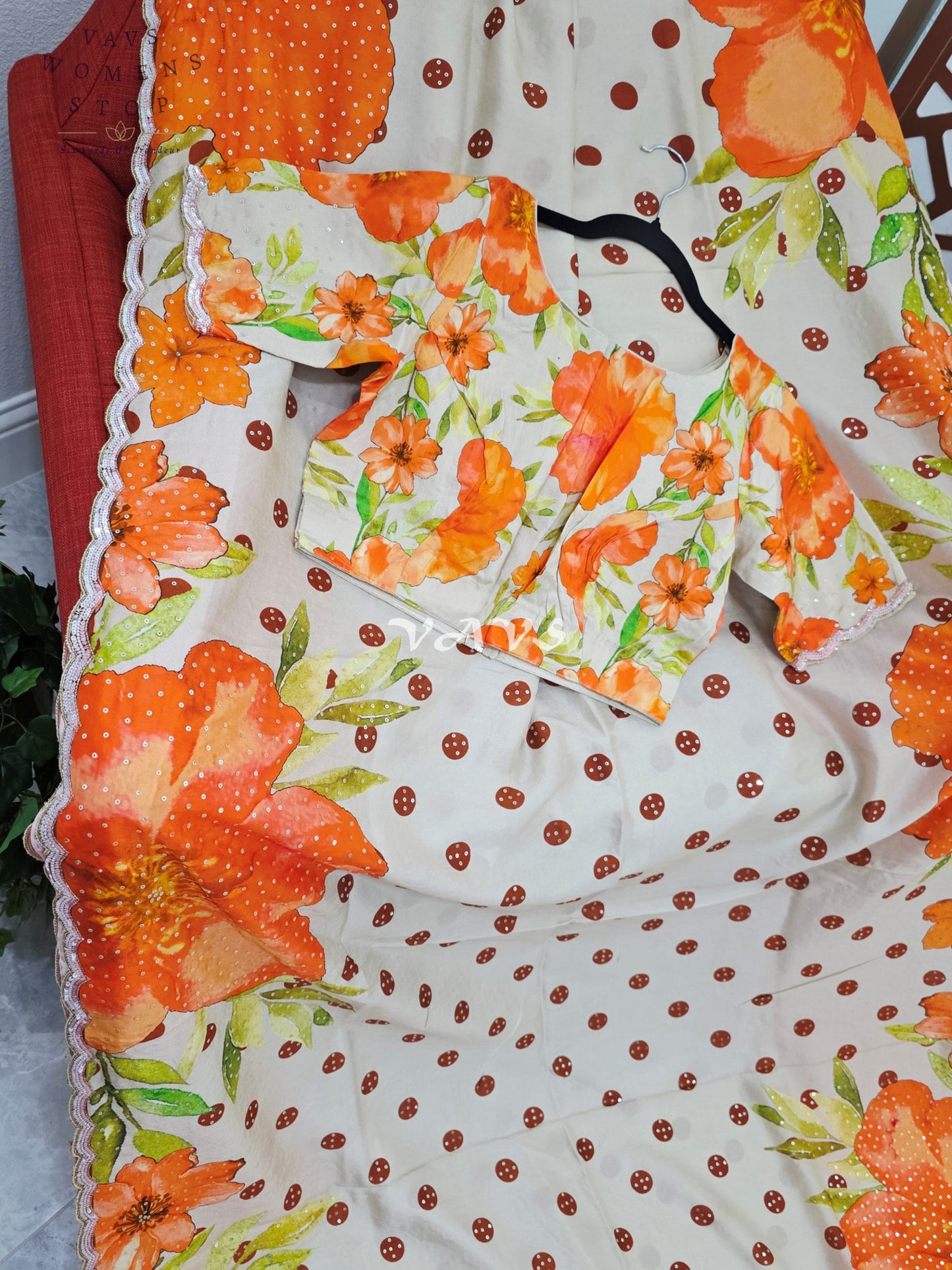 Ivory Pearl Russian Crepe Silk Saree with Sunset Orange Florals, Polka Dots, Sequin Scallop Border & Blouse Size 34-40