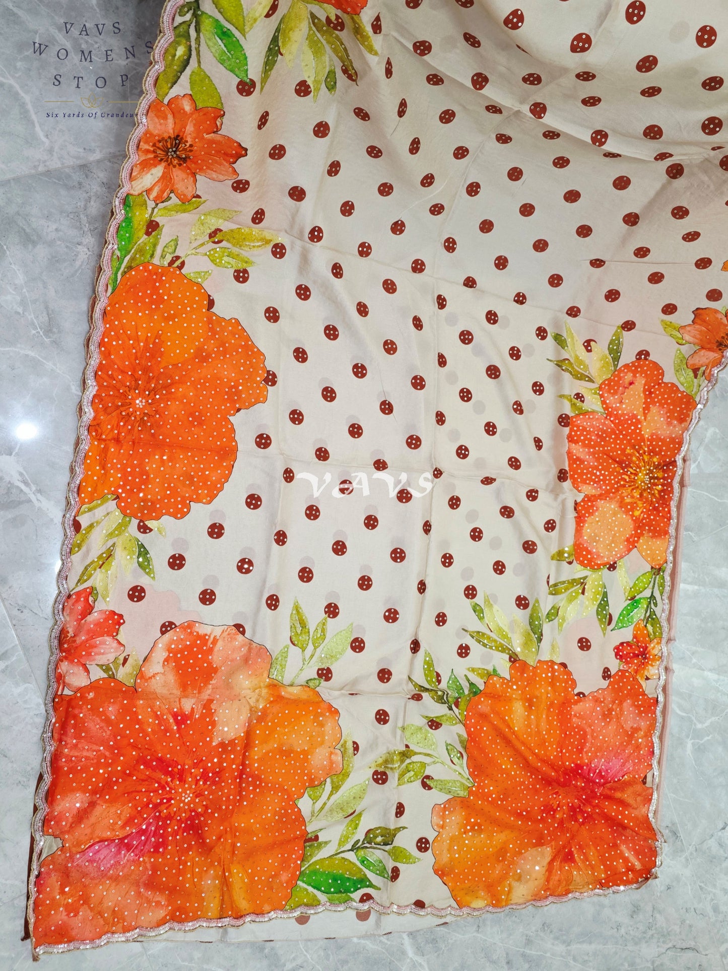Ivory Pearl Russian Crepe Silk Saree with Sunset Orange Florals, Polka Dots, Sequin Scallop Border & Blouse Size 34-40