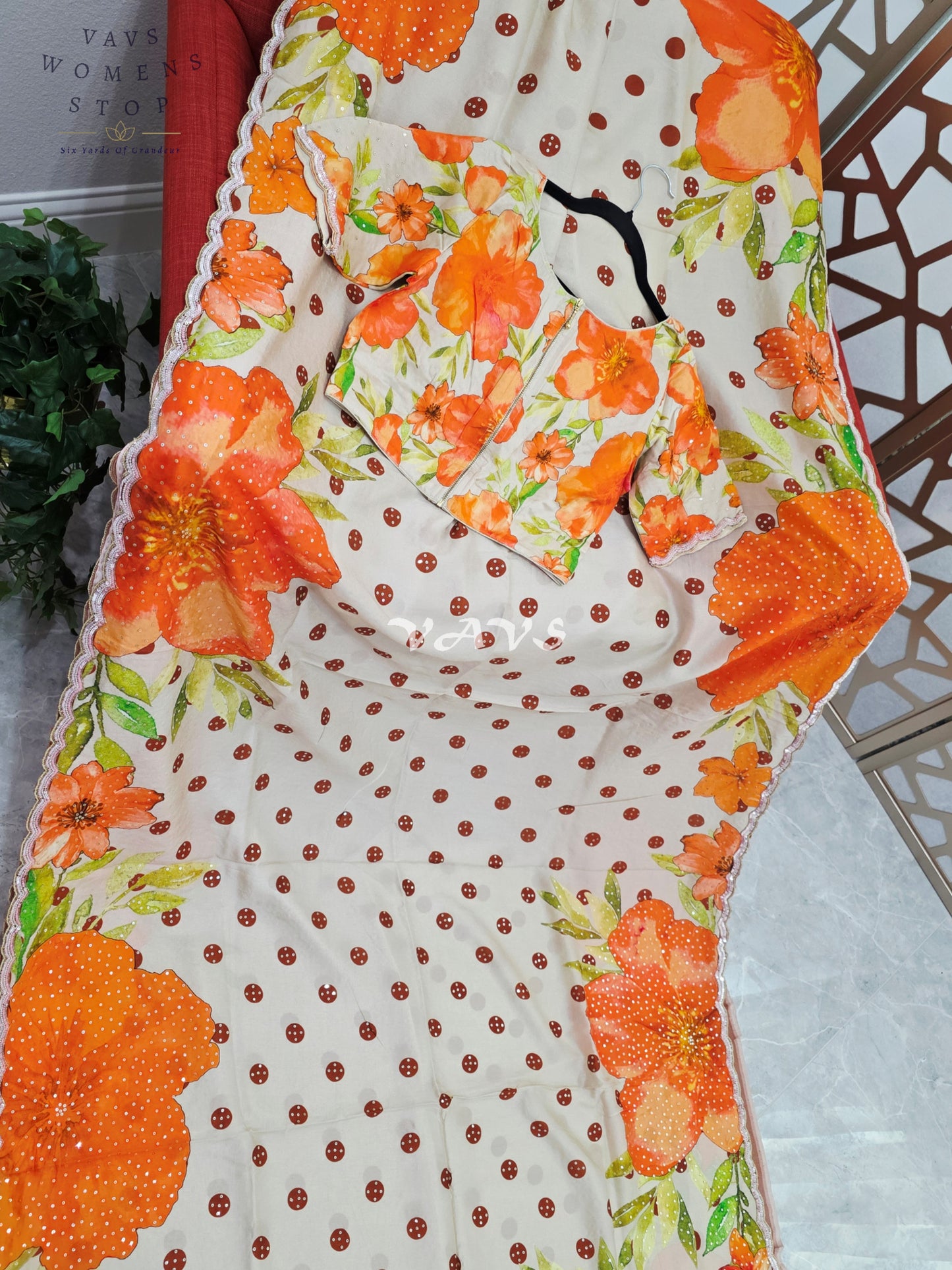 Ivory Pearl Russian Crepe Silk Saree with Sunset Orange Florals, Polka Dots, Sequin Scallop Border & Blouse Size 34-40