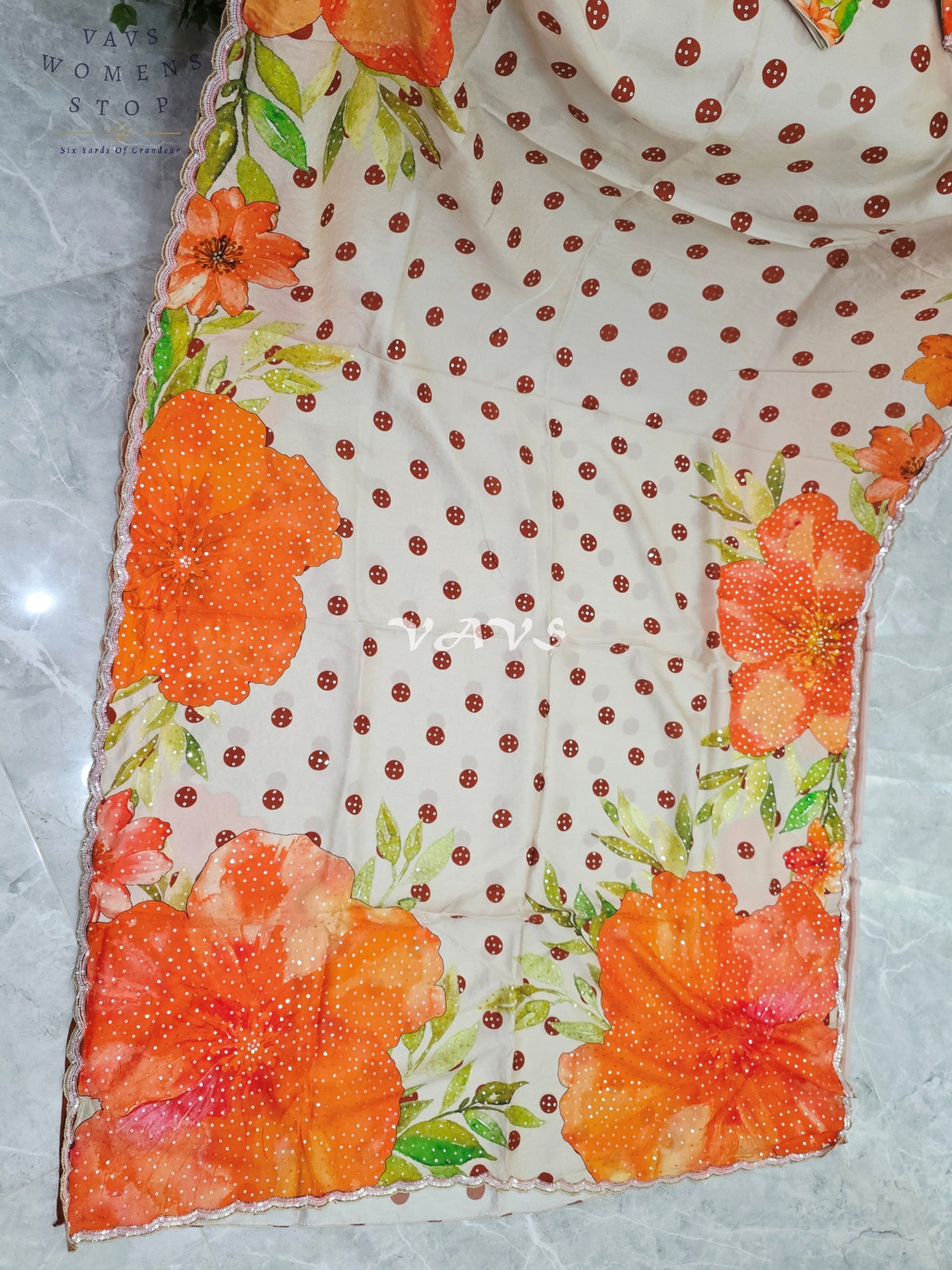 Ivory Pearl Russian Crepe Silk Saree with Sunset Orange Florals, Polka Dots, Sequin Scallop Border & Blouse Size 34-40