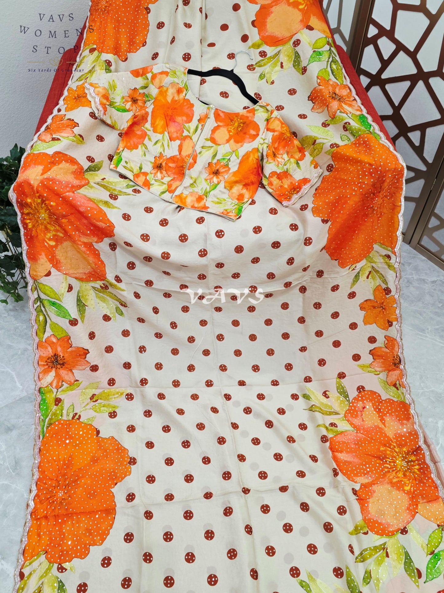 Ivory Pearl Russian Crepe Silk Saree with Sunset Orange Florals, Polka Dots, Sequin Scallop Border & Blouse Size 34-40