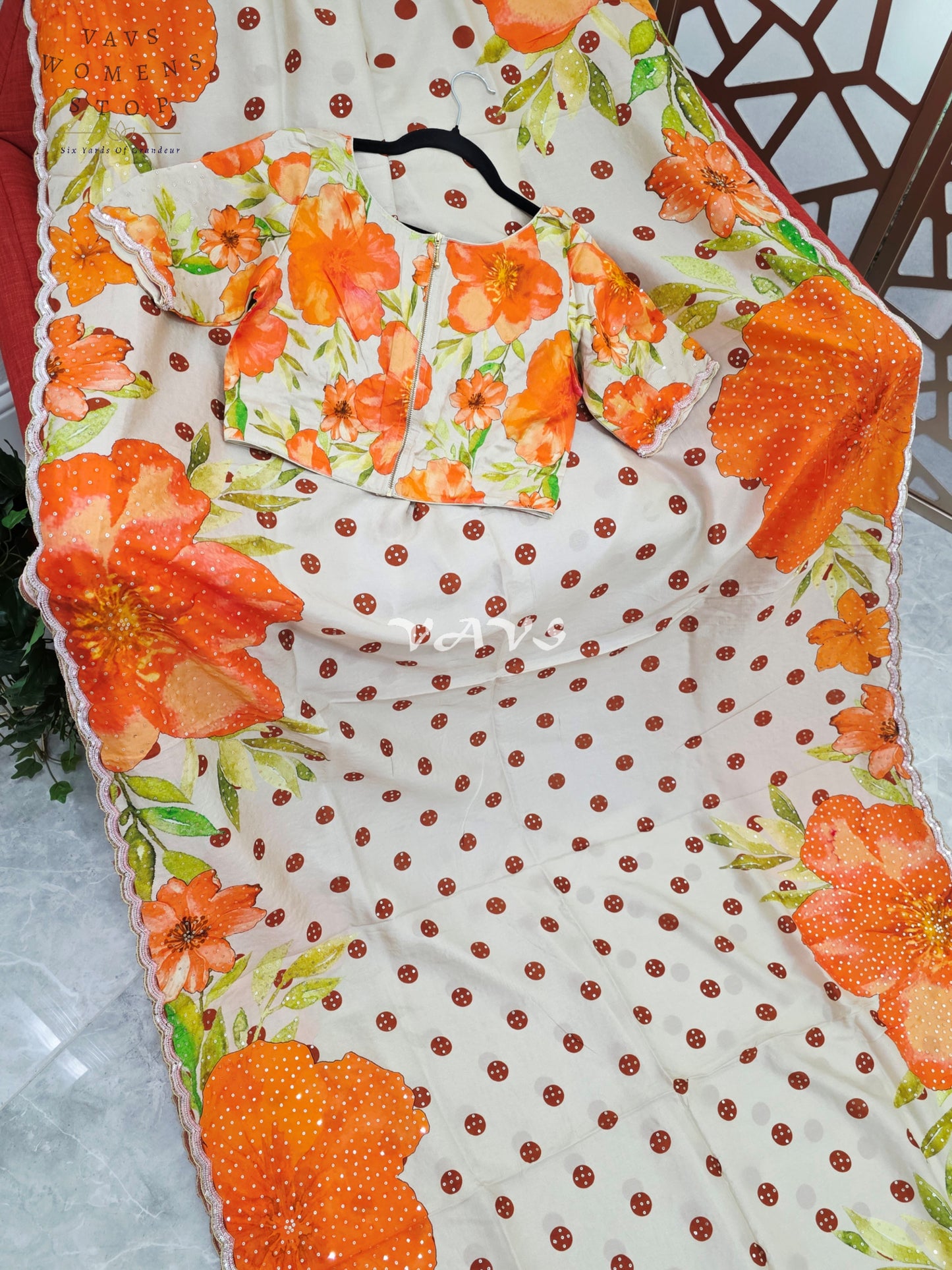 Ivory Pearl Russian Crepe Silk Saree with Sunset Orange Florals, Polka Dots, Sequin Scallop Border & Blouse Size 34-40