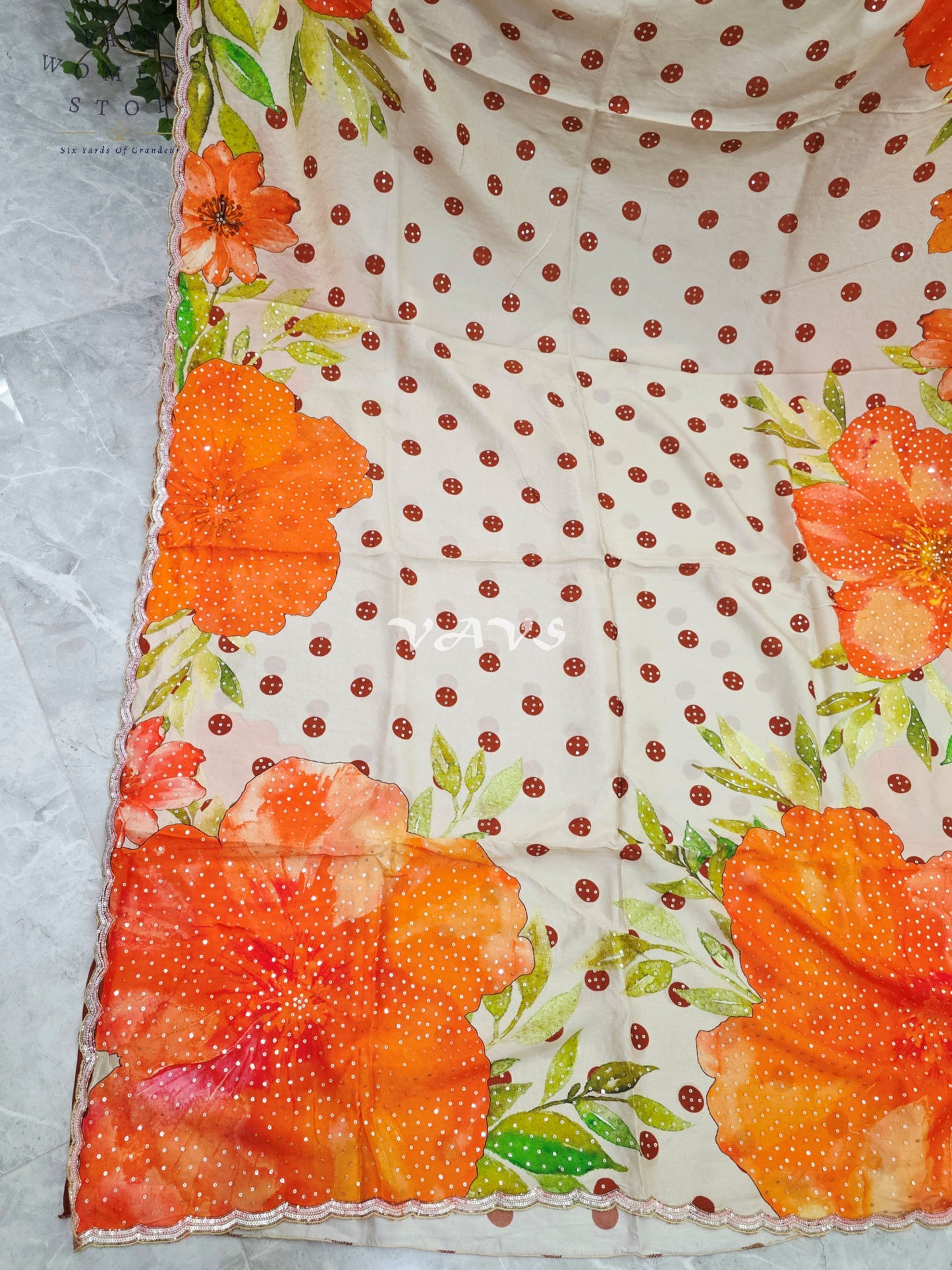 Ivory Pearl Russian Crepe Silk Saree with Sunset Orange Florals, Polka Dots, Sequin Scallop Border & Blouse Size 34-40