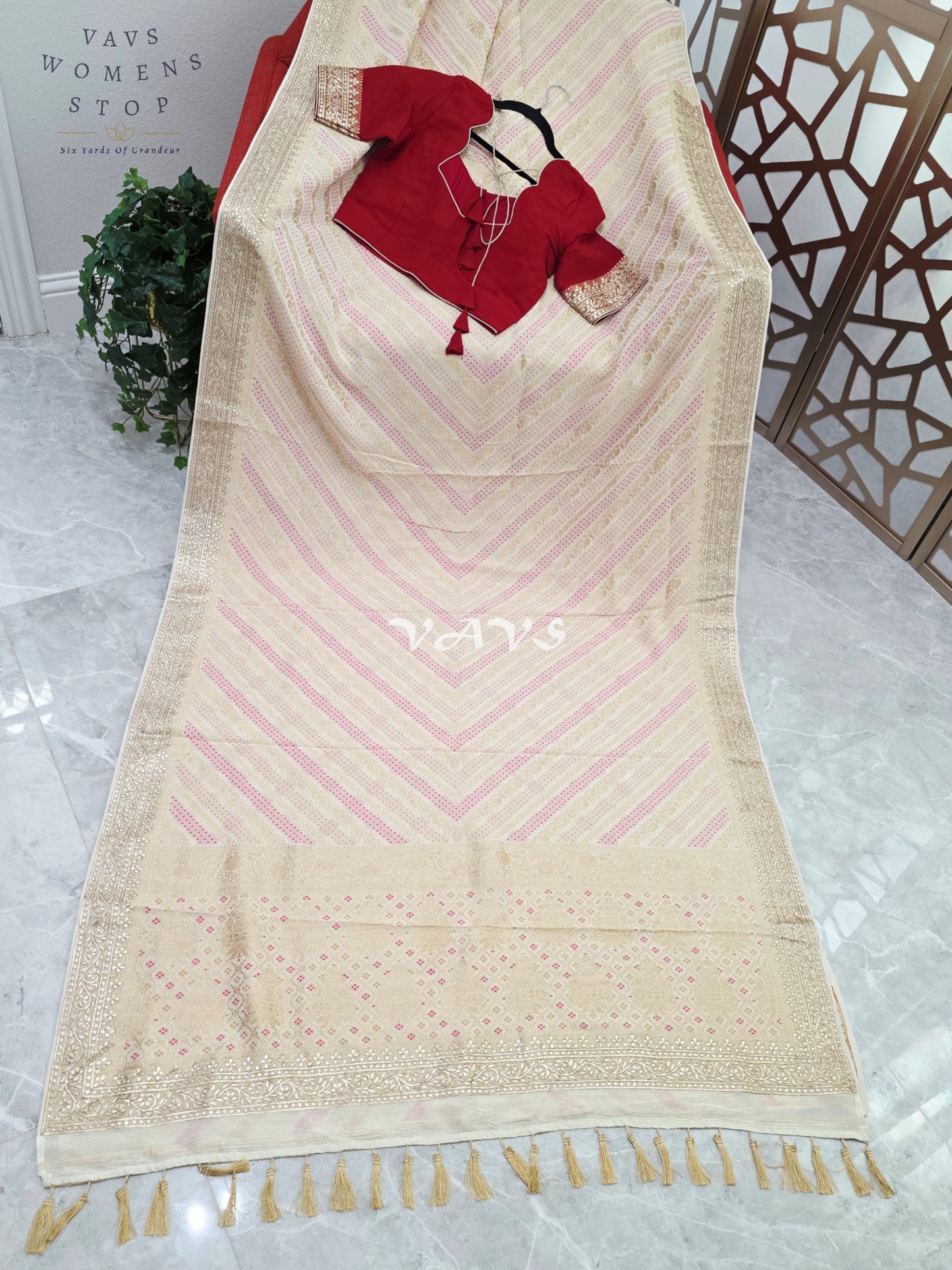 Ivory Champagne Soft Viscose Georgette Leheriya Saree with Gold Gota Patti Border & Ruby Red Blouse Size 36-42