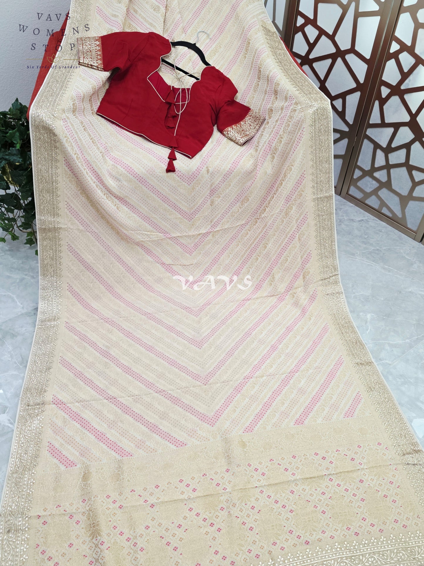 Ivory Champagne Soft Viscose Georgette Leheriya Saree with Gold Gota Patti Border & Ruby Red Blouse Size 36-42