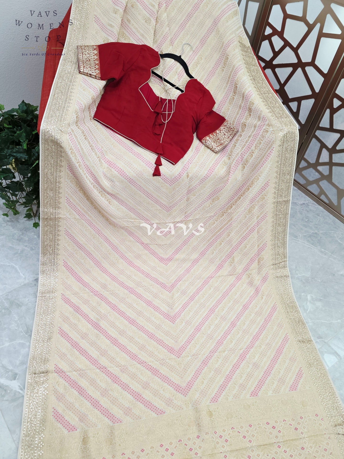 Ivory Champagne Soft Viscose Georgette Leheriya Saree with Gold Gota Patti Border & Ruby Red Blouse Size 36-42