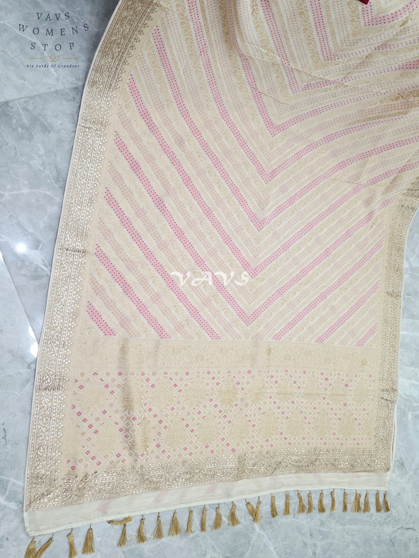 Ivory Champagne Soft Viscose Georgette Leheriya Saree with Gold Gota Patti Border & Ruby Red Blouse Size 36-42