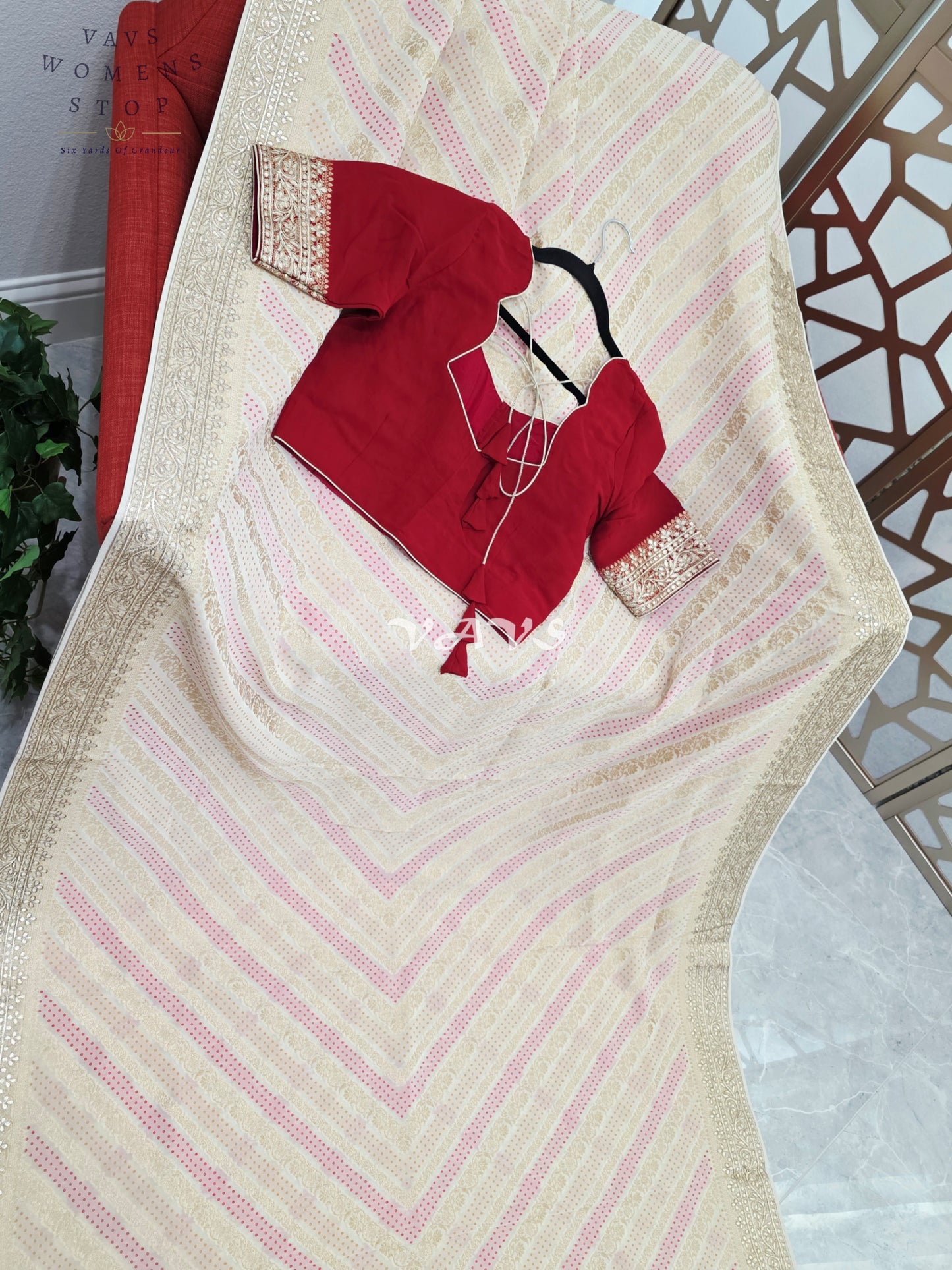 Ivory Champagne Soft Viscose Georgette Leheriya Saree with Gold Gota Patti Border & Ruby Red Blouse Size 36-42