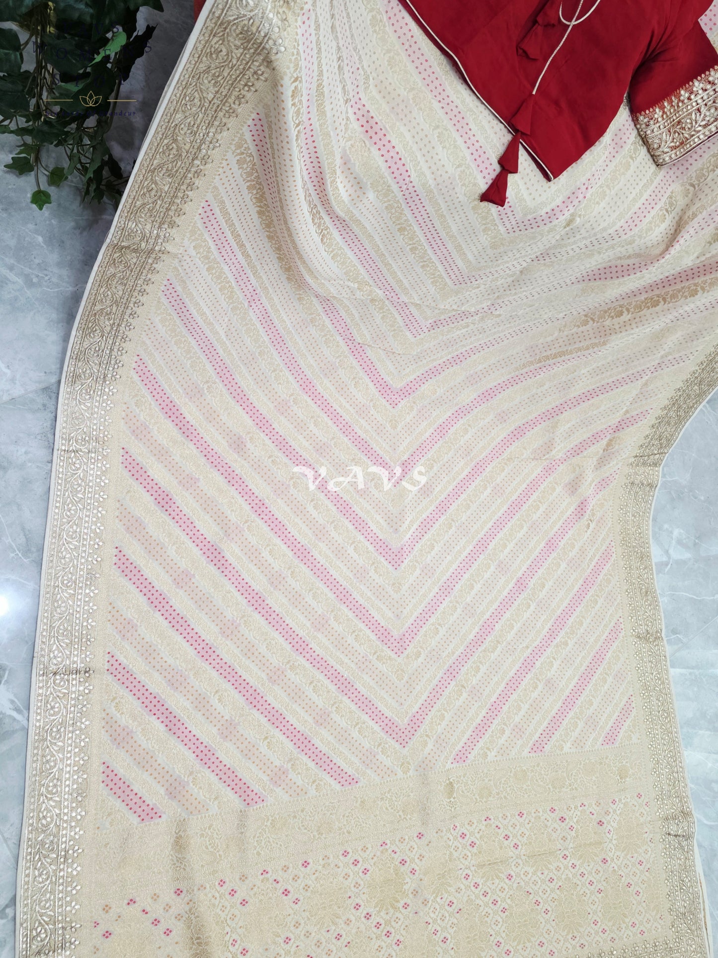 Ivory Champagne Soft Viscose Georgette Leheriya Saree with Gold Gota Patti Border & Ruby Red Blouse Size 36-42