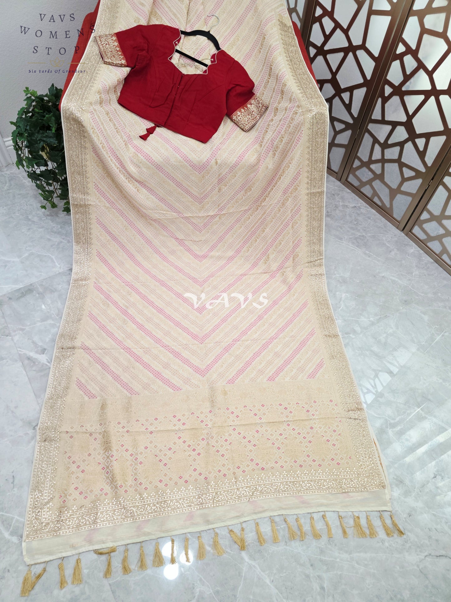 Ivory Champagne Soft Viscose Georgette Leheriya Saree with Gold Gota Patti Border & Ruby Red Blouse Size 36-42