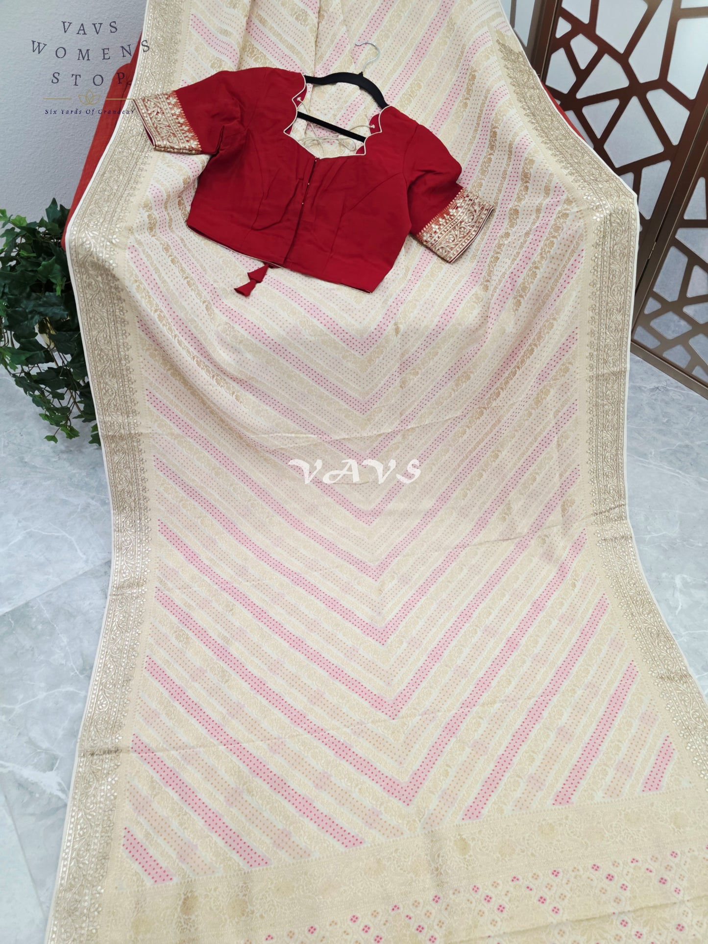 Ivory Champagne Soft Viscose Georgette Leheriya Saree with Gold Gota Patti Border & Ruby Red Blouse Size 36-42