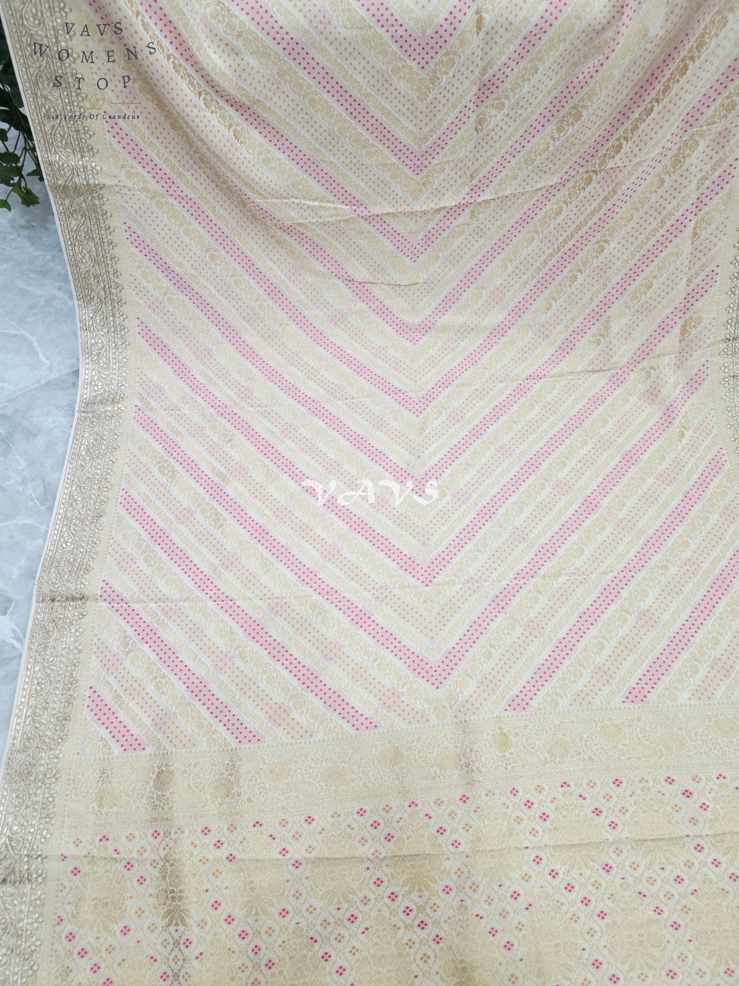 Ivory Champagne Soft Viscose Georgette Leheriya Saree with Gold Gota Patti Border & Ruby Red Blouse Size 36-42
