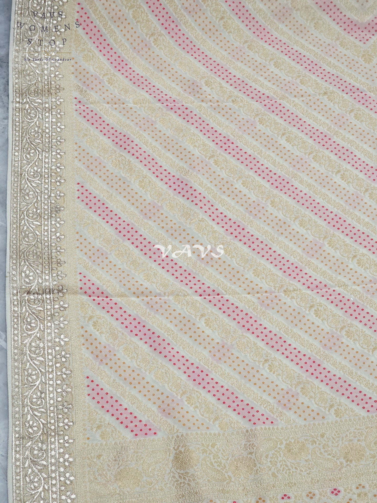 Ivory Champagne Soft Viscose Georgette Leheriya Saree with Gold Gota Patti Border & Ruby Red Blouse Size 36-42