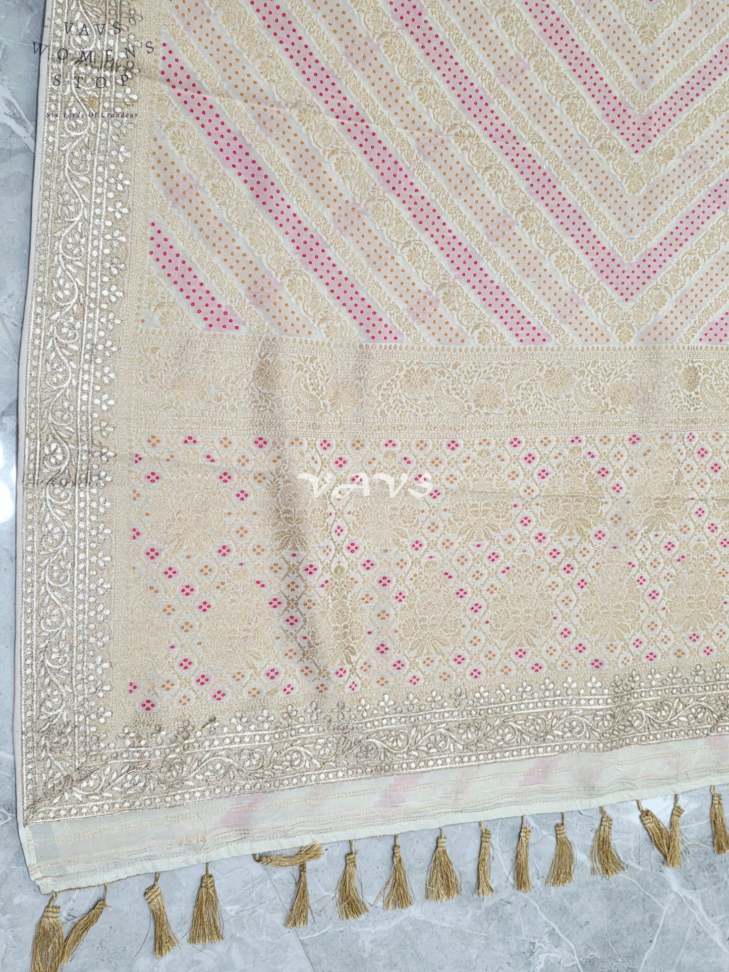 Ivory Champagne Soft Viscose Georgette Leheriya Saree with Gold Gota Patti Border & Ruby Red Blouse Size 36-42