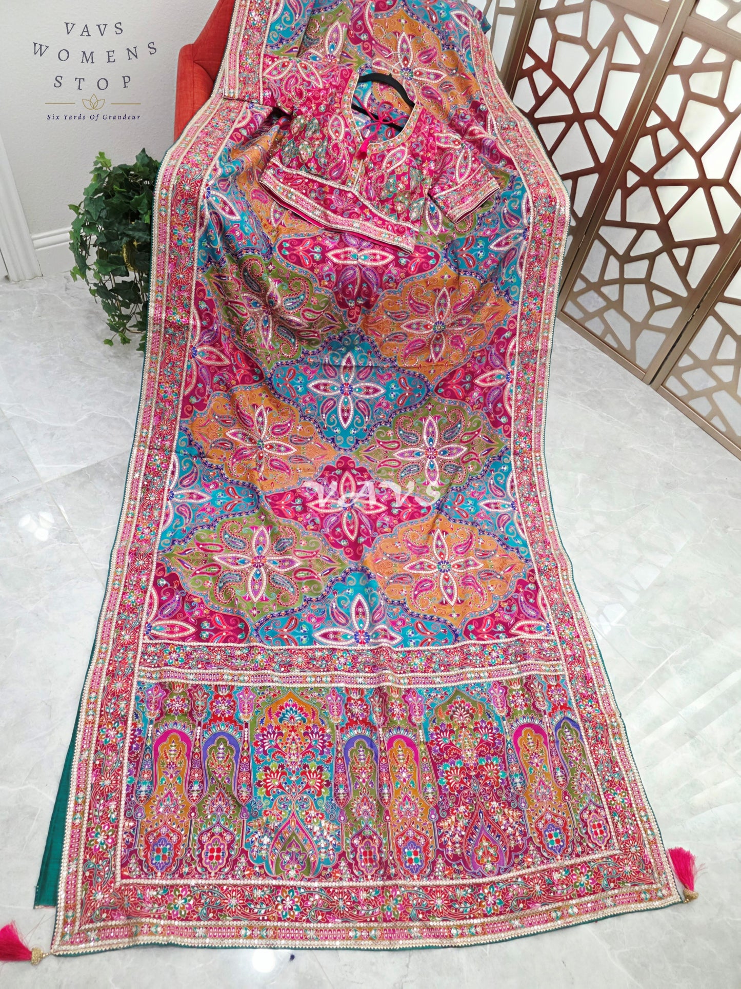 Rani Pink Jewel-Tone Chinon Crepe Silk Saree with All-Over Heritage Embroidery & Designer Blouse Size 40