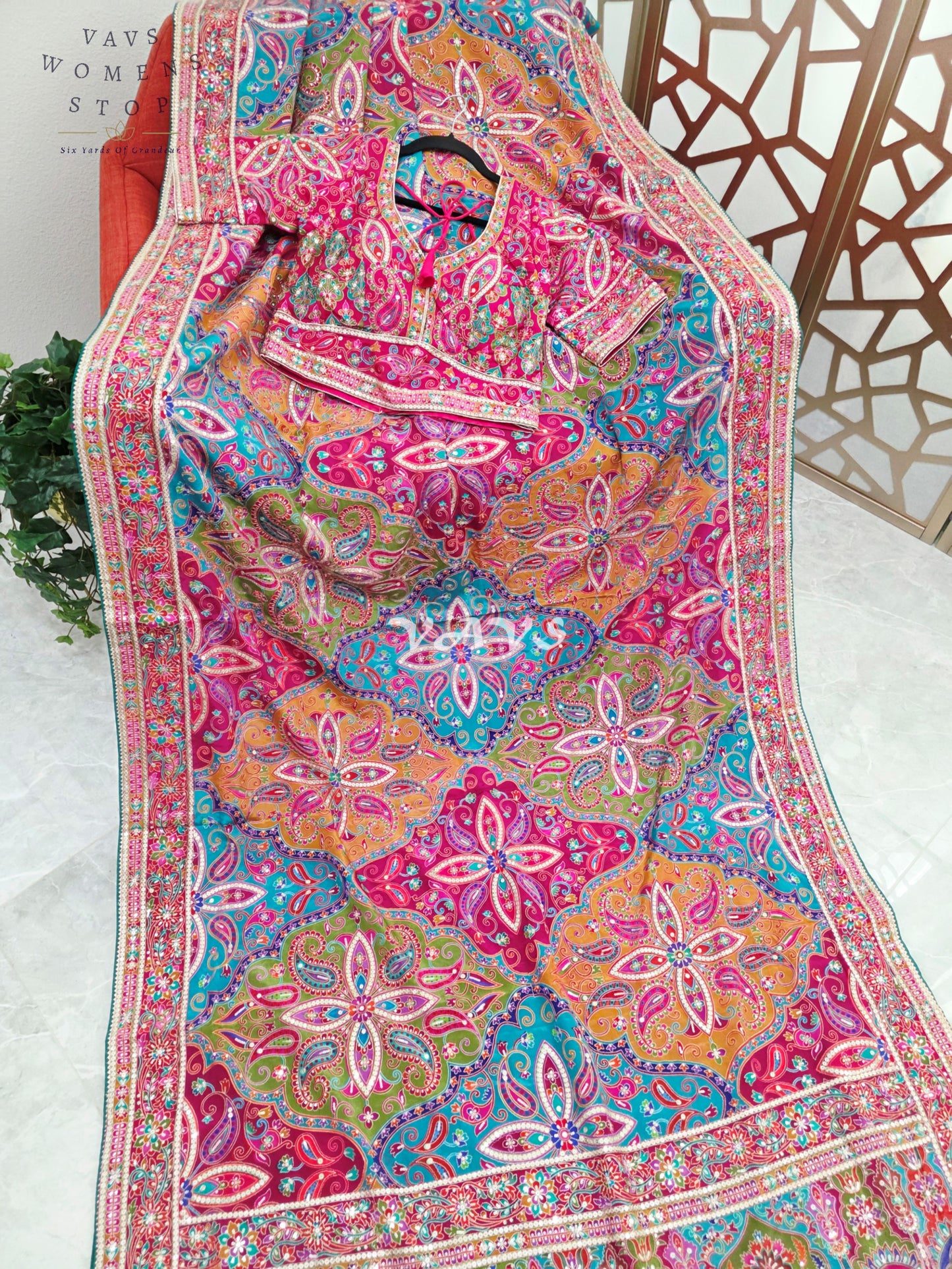 Rani Pink Jewel-Tone Chinon Crepe Silk Saree with All-Over Heritage Embroidery & Designer Blouse Size 40