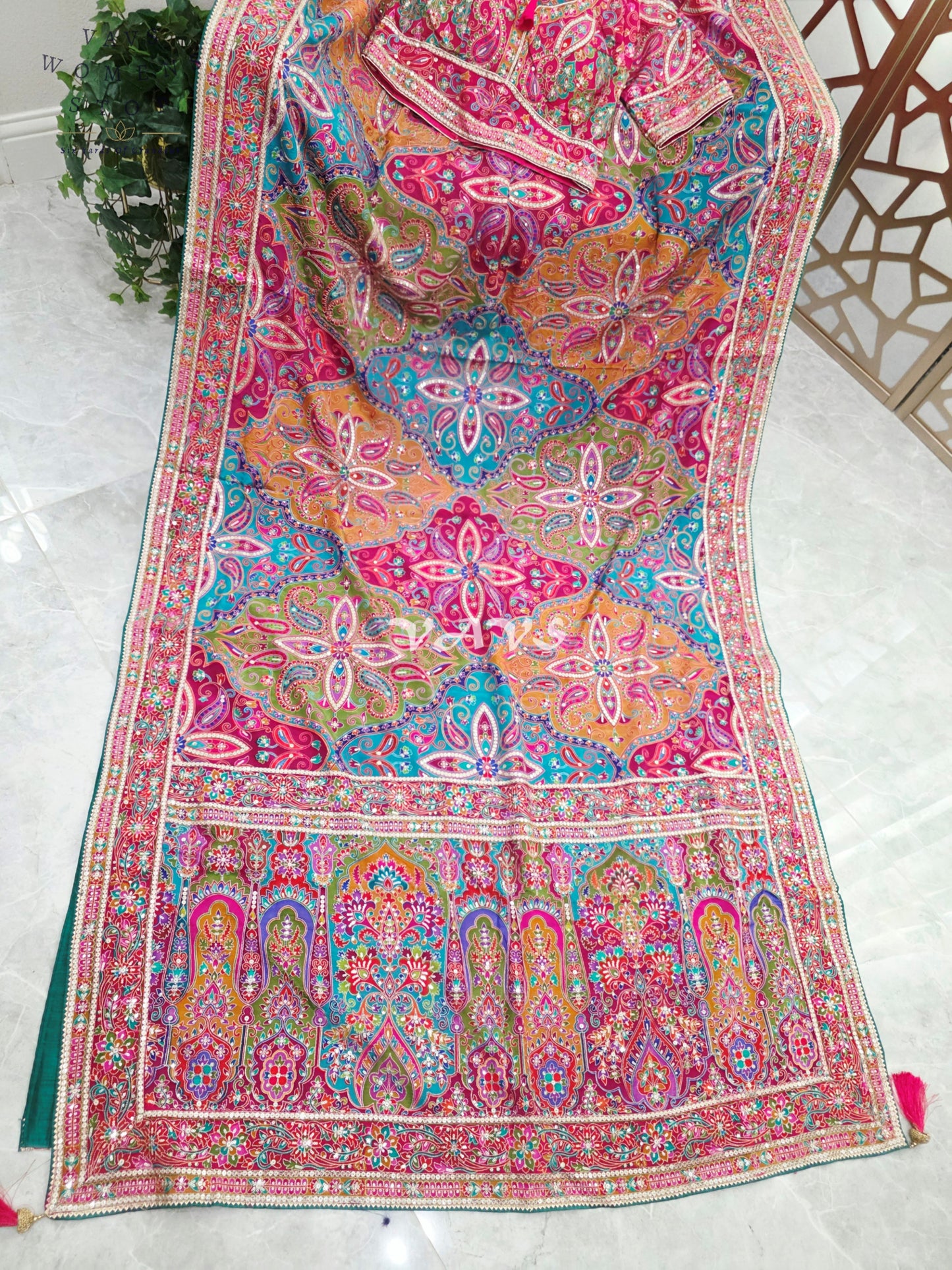 Rani Pink Jewel-Tone Chinon Crepe Silk Saree with All-Over Heritage Embroidery & Designer Blouse Size 40