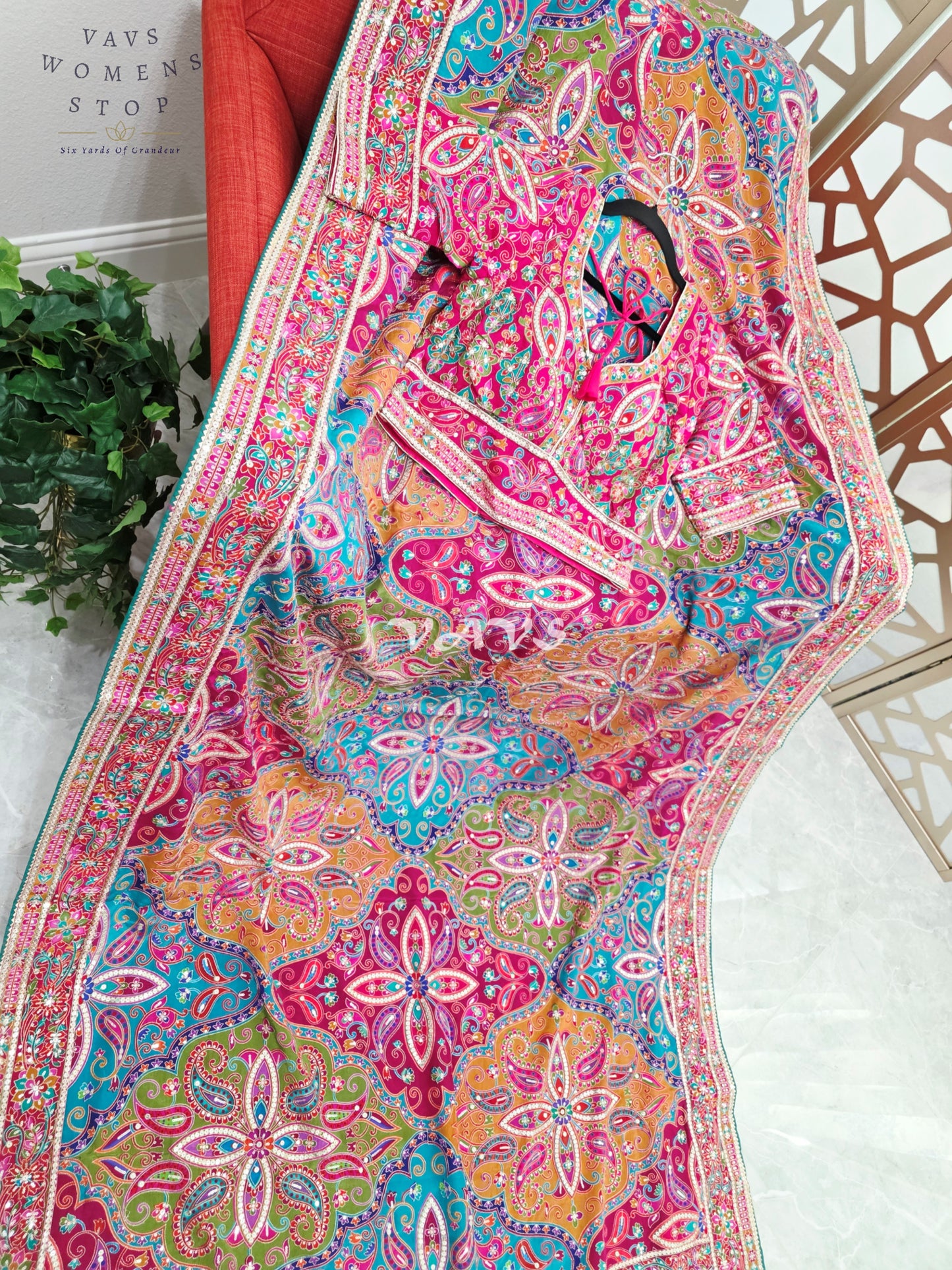 Rani Pink Jewel-Tone Chinon Crepe Silk Saree with All-Over Heritage Embroidery & Designer Blouse Size 40