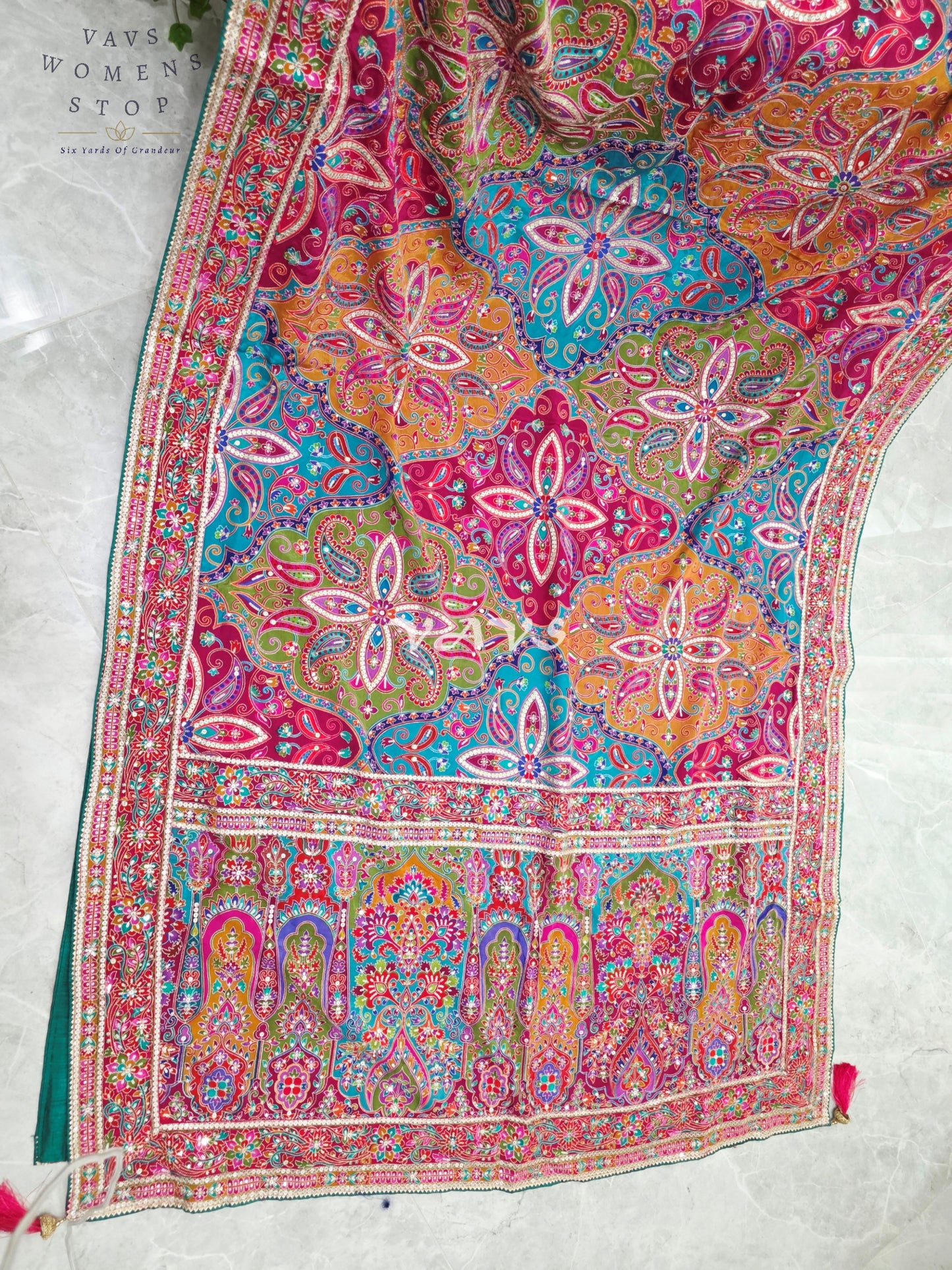 Rani Pink Jewel-Tone Chinon Crepe Silk Saree with All-Over Heritage Embroidery & Designer Blouse Size 40