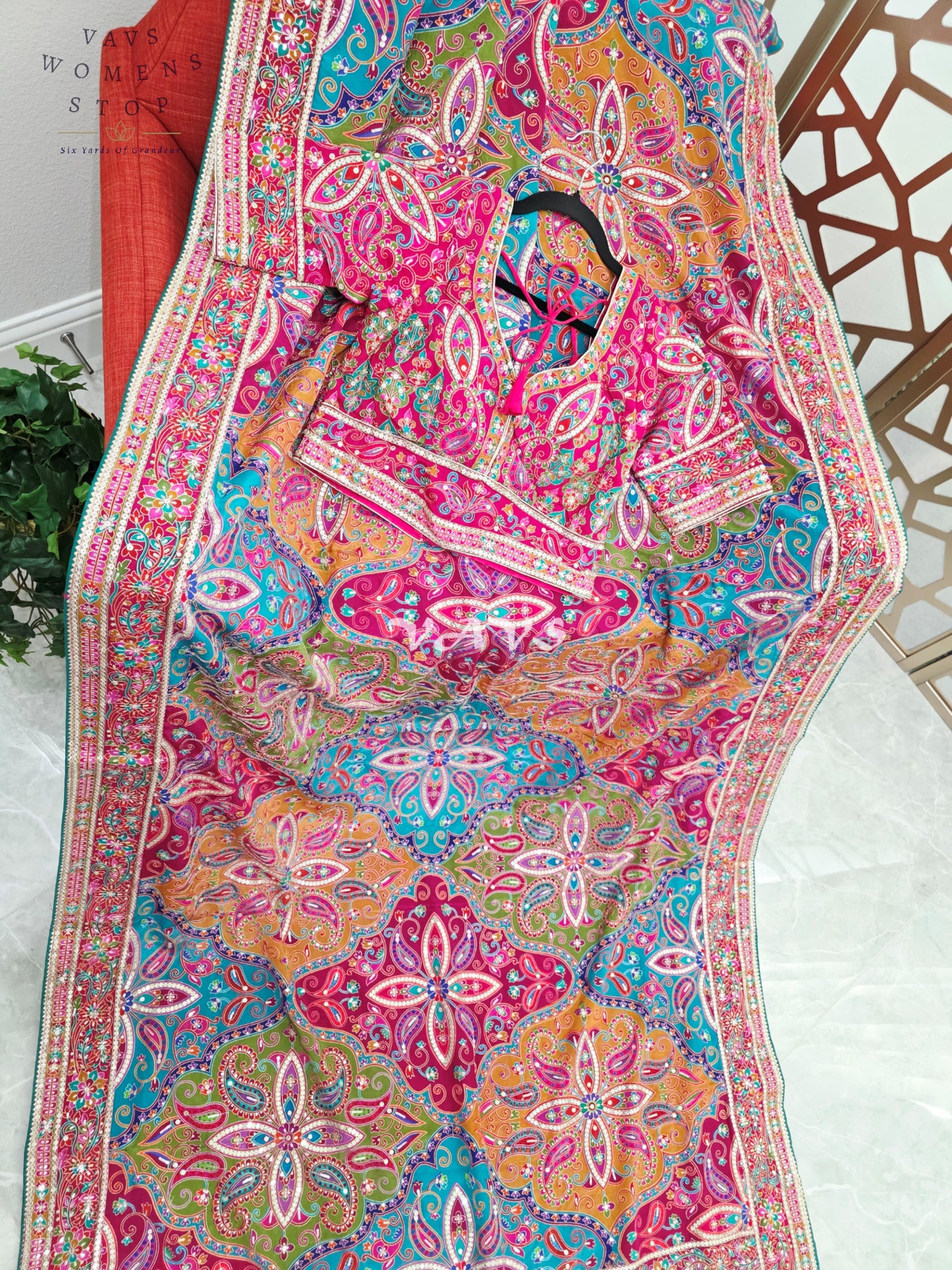 Rani Pink Jewel-Tone Chinon Crepe Silk Saree with All-Over Heritage Embroidery & Designer Blouse Size 40