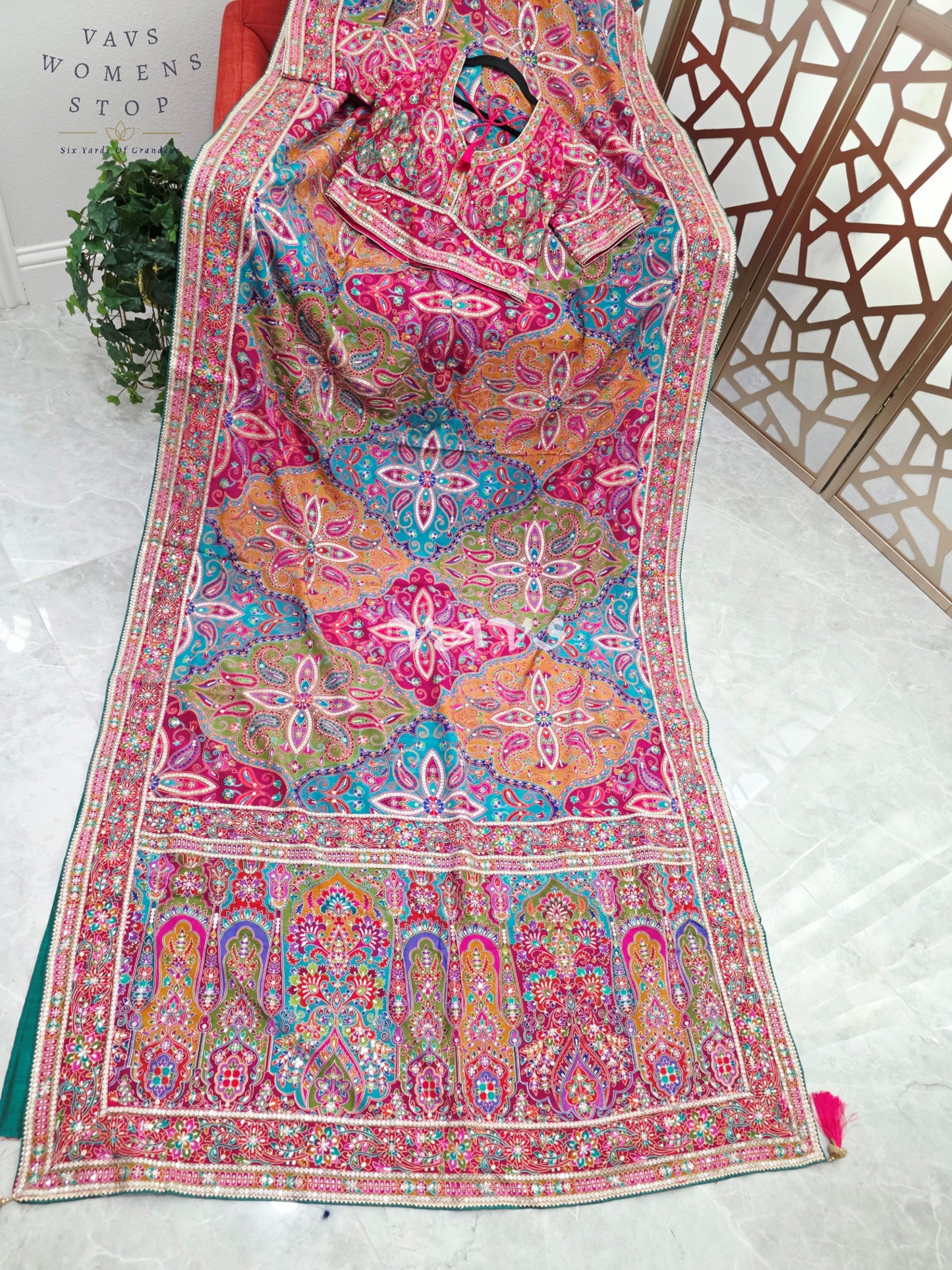 Rani Pink Jewel-Tone Chinon Crepe Silk Saree with All-Over Heritage Embroidery & Designer Blouse Size 40